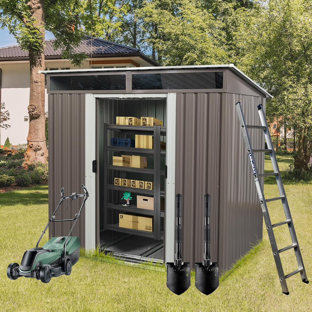 6x5 ft Outdoor Metal Storage Shed with Foundation Frame, Galvanized Steel Tool Shed with Lockable Sliding Door, Transparent Plate and Air Vent, Waterproof Garden Storage House for Backyard, Patio