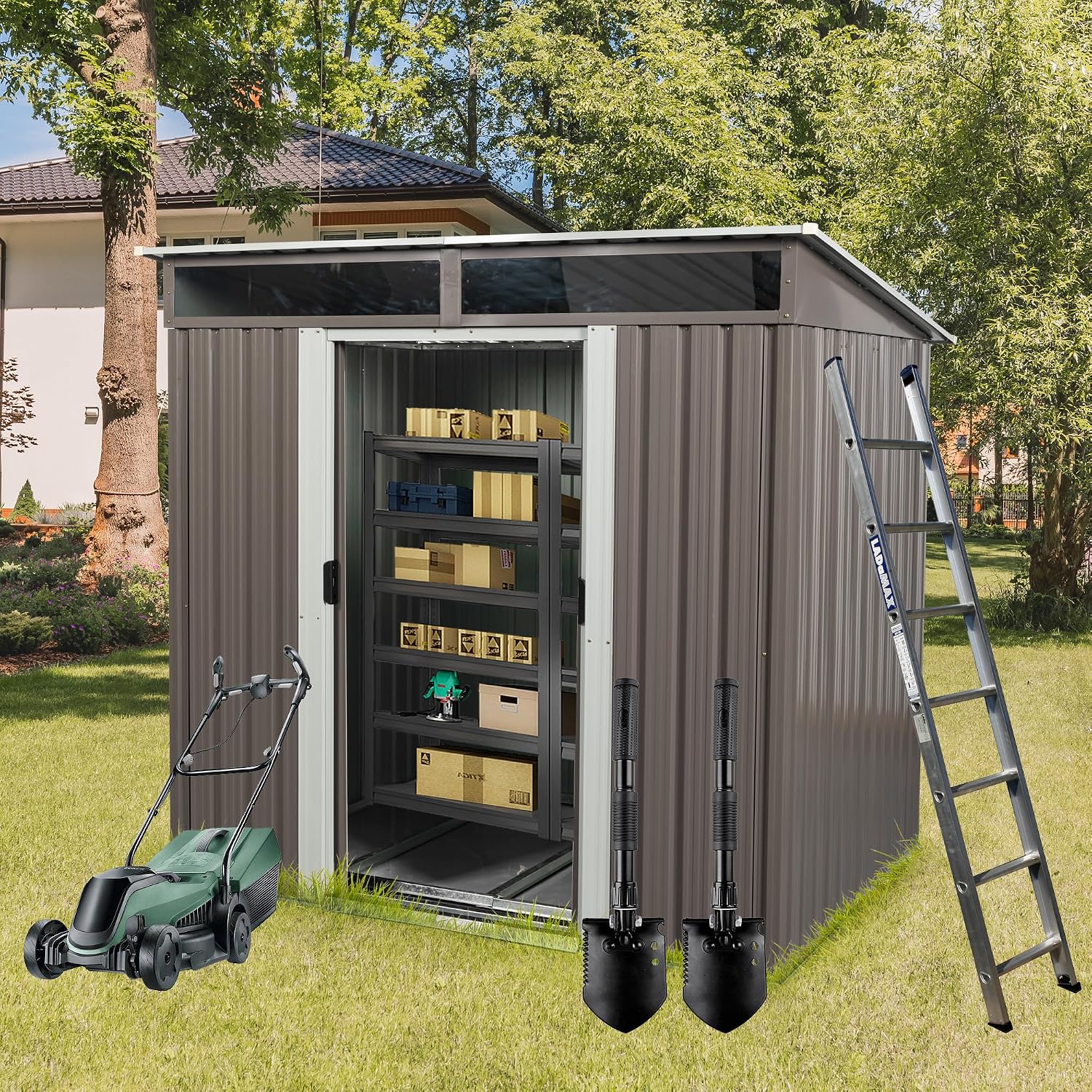 6x5 ft Outdoor Metal Storage Shed with Foundation Frame, Galvanized Steel Tool Shed with Lockable Sliding Door, Transparent Plate and Air Vent, Waterproof Garden Storage House for Backyard, Patio