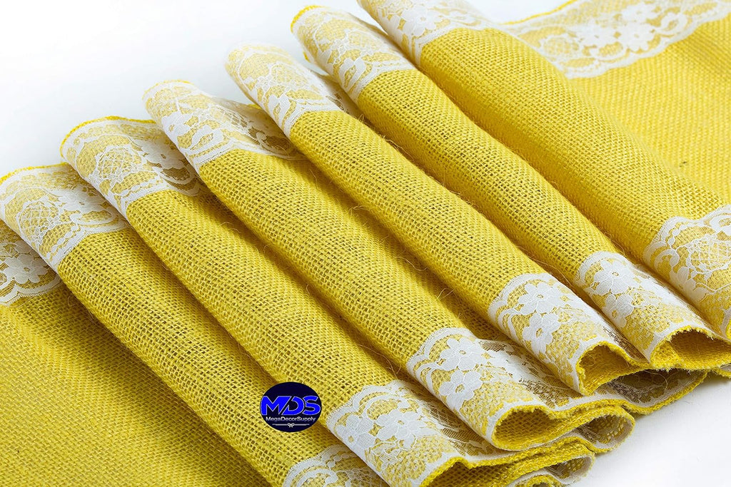 MDS Pack of 20 Wedding 12 x 108 inch Burlap Lace Hessian Table Runner Rustic Yellow Jute Country Vintage for Wedding Banquet Decoration – Yellow Lace Jute Burlap