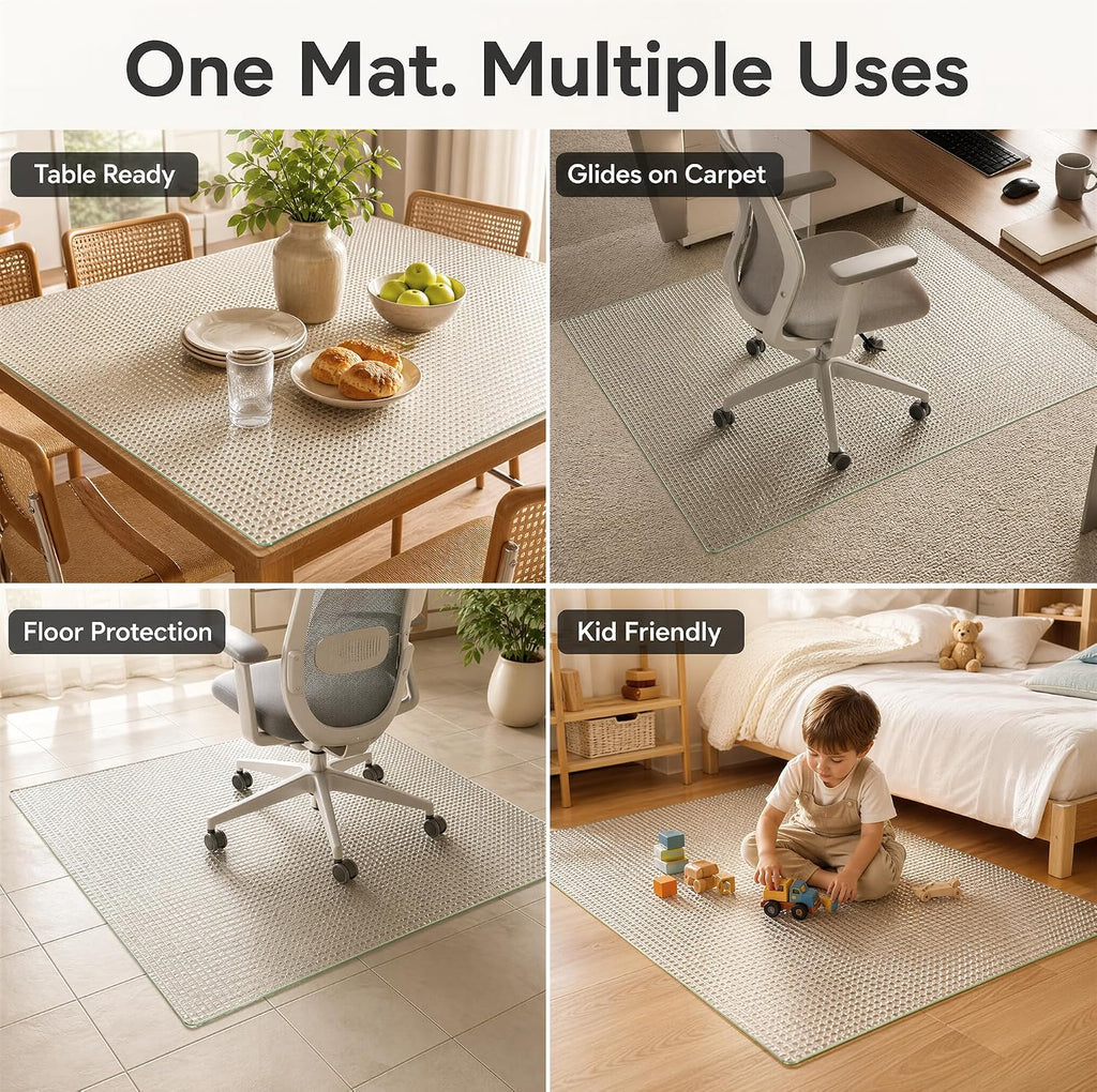 VETROUVE 46' x 55' Glass Chair Mat for Carpet, Single-Sided Textured Heavy Duty Hard Tempered Glass Desk Office Mat with 4 Anti-Slip Pads, 1/5' Thick, Smooth Rolling, Scratch Resistant