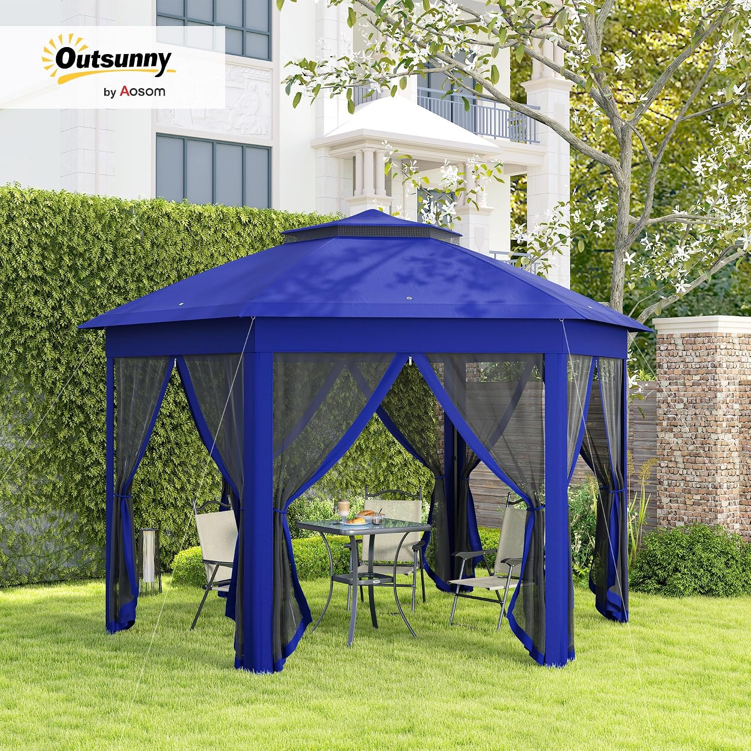 Outsunny 13' x 13' Pop Up Gazebo, Hexagonal Canopy Shelter with 6 Zippered Mesh Netting, Event Tent with Strong Steel Frame for Patio Backyard Garden Wedding Party, Dark Blue and Black