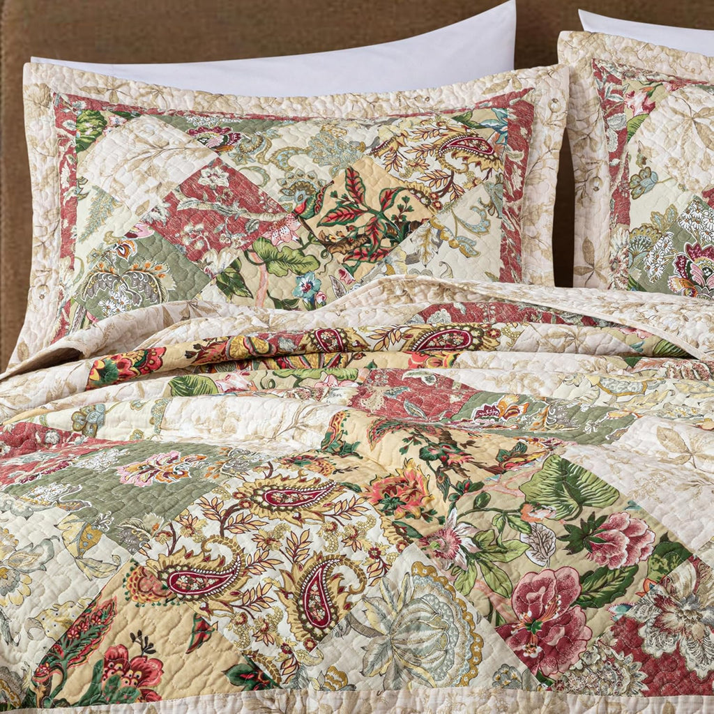 Chezmoi Collection Lunaria 3-Piece Washed Patchwork Cotton Quilt Set - Soft Lightweight Breathable Reversible Floral Quilted Bedspread for All Seasons. King Size