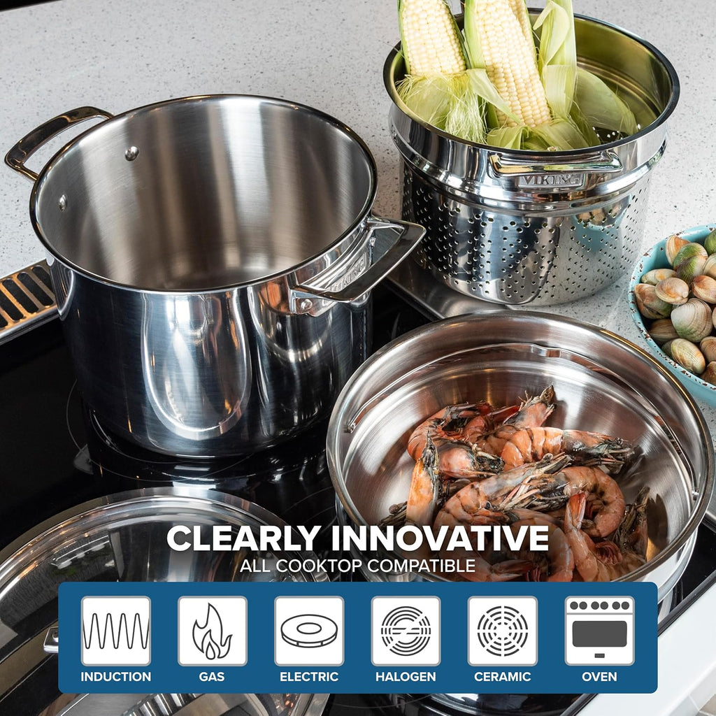 Viking 3-Ply Stainless Steel Pasta Pot with Lid, 8 Quart, 4 Piece Multipot Kitchen Cookware, Includes Pasta Insert and Steamer Basket, Dishwasher and Oven Safe, Induction Ready, Silver