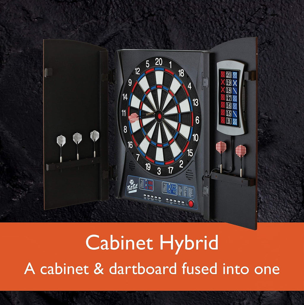 Fat Cat Mercury Electronic Soft Tip Dartboard with Cabinet, 13.5 in Target, 28 Games, 6 Darts Included, Black
