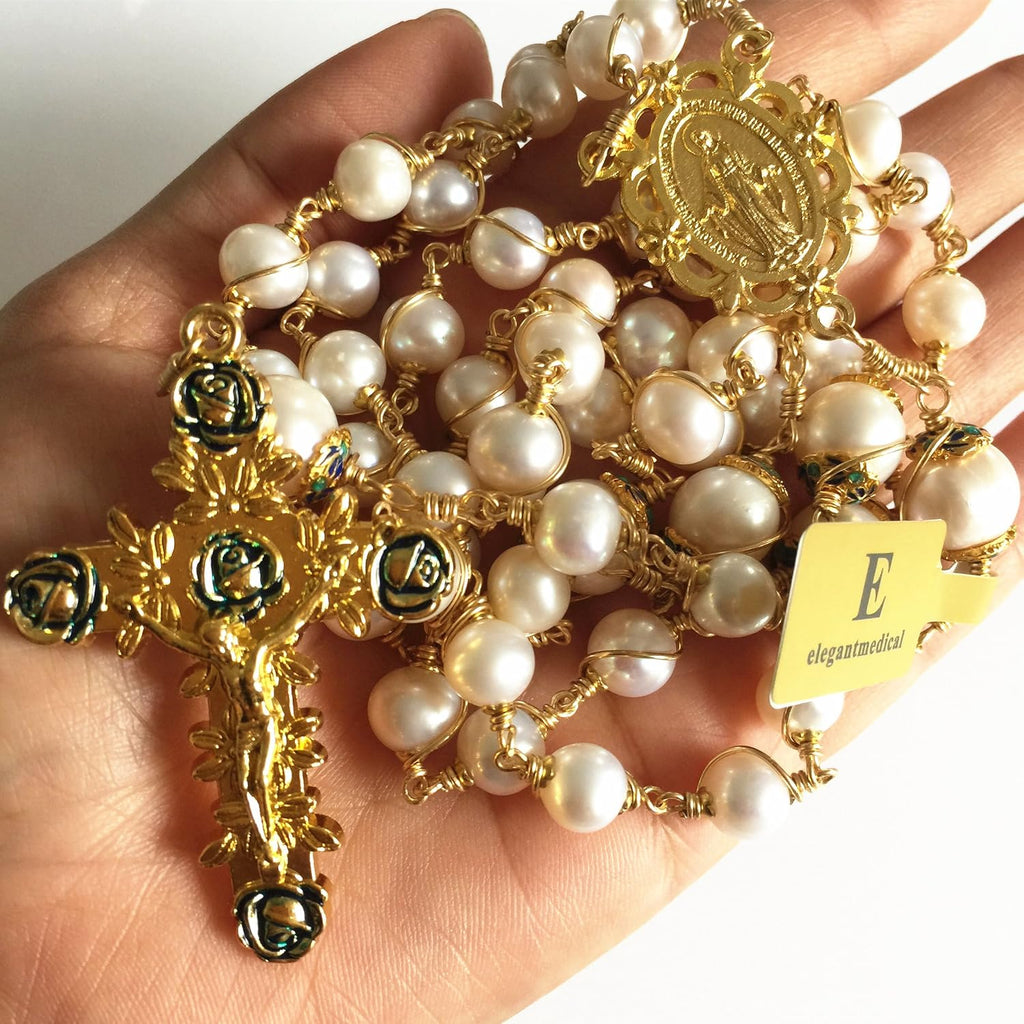 elegantmedical HANDMADE ROSARY Gold plated Wire Wrapped Bead AAA+ White Real Pearl Catholic Necklace Cross Gift Box
