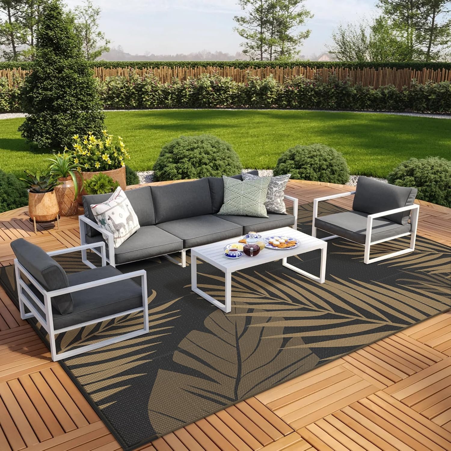 GENIMO Outdoor Rug 9' x 18' Waterproof for Patios Clearance, Reversible Outdoor Plastic Straw Camping Rug Carpet, Large Area Rugs Mats for RV, Camper, Deck, Balcony, Porch, Beach, Picnic, Black&Brown