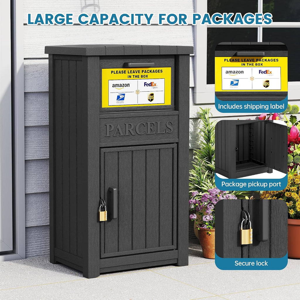 Package Delivery Box for Outside, Large Lockable & Weatherproof Anti-Theft Parcel Drop Box for Porch, Curbside, House Storage, Black(60 Gallon with Sign)