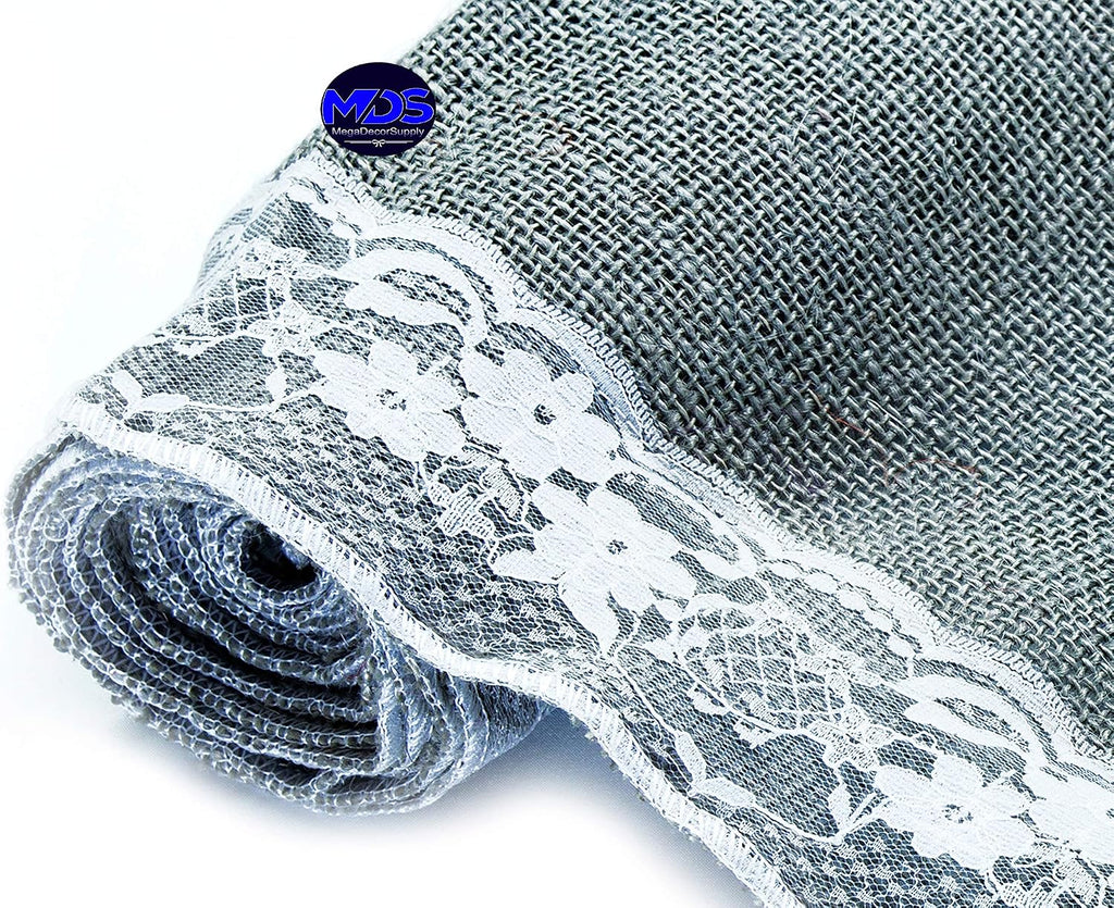 MDS Pack of 20 Wedding 12 x 108 inch Burlap Lace Hessian Table Runner Rustic Silver Gray Jute Country Vintage for Wedding Banquet Decoration – Silver Gray Lace Jute Burlap