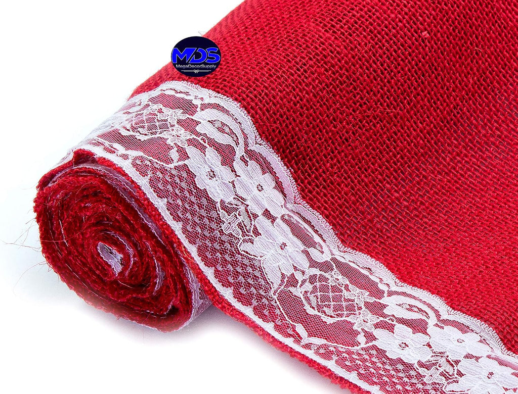 MDS Pack of 20 Wedding 12 x 108 inch Burlap Lace Hessian Table Runner Rustic red Jute Country Vintage for Wedding Banquet Decoration – red Lace Jute Burlap