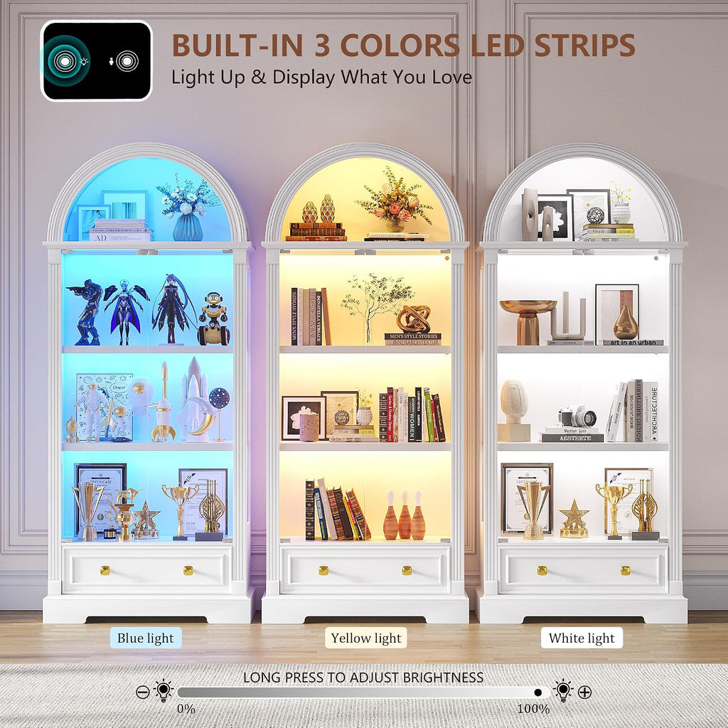Dystler Lighted Display Cabinet with Glass Doors, 72' Tall Curio Cabinet - 4 Tier Display Case with Human Sensor Lights, Bookcase for Collectibles Toys Books, White