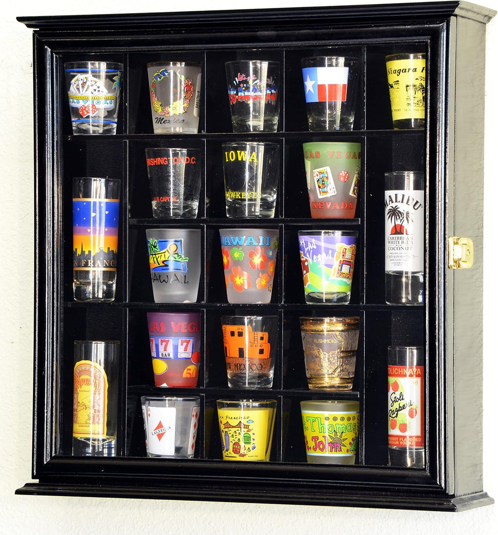 sfDisplay.com,LLC. 21 Shot Glass Shotglass Shooter Display Case Holder Cabinet Wall Rack 98% UV Lockable