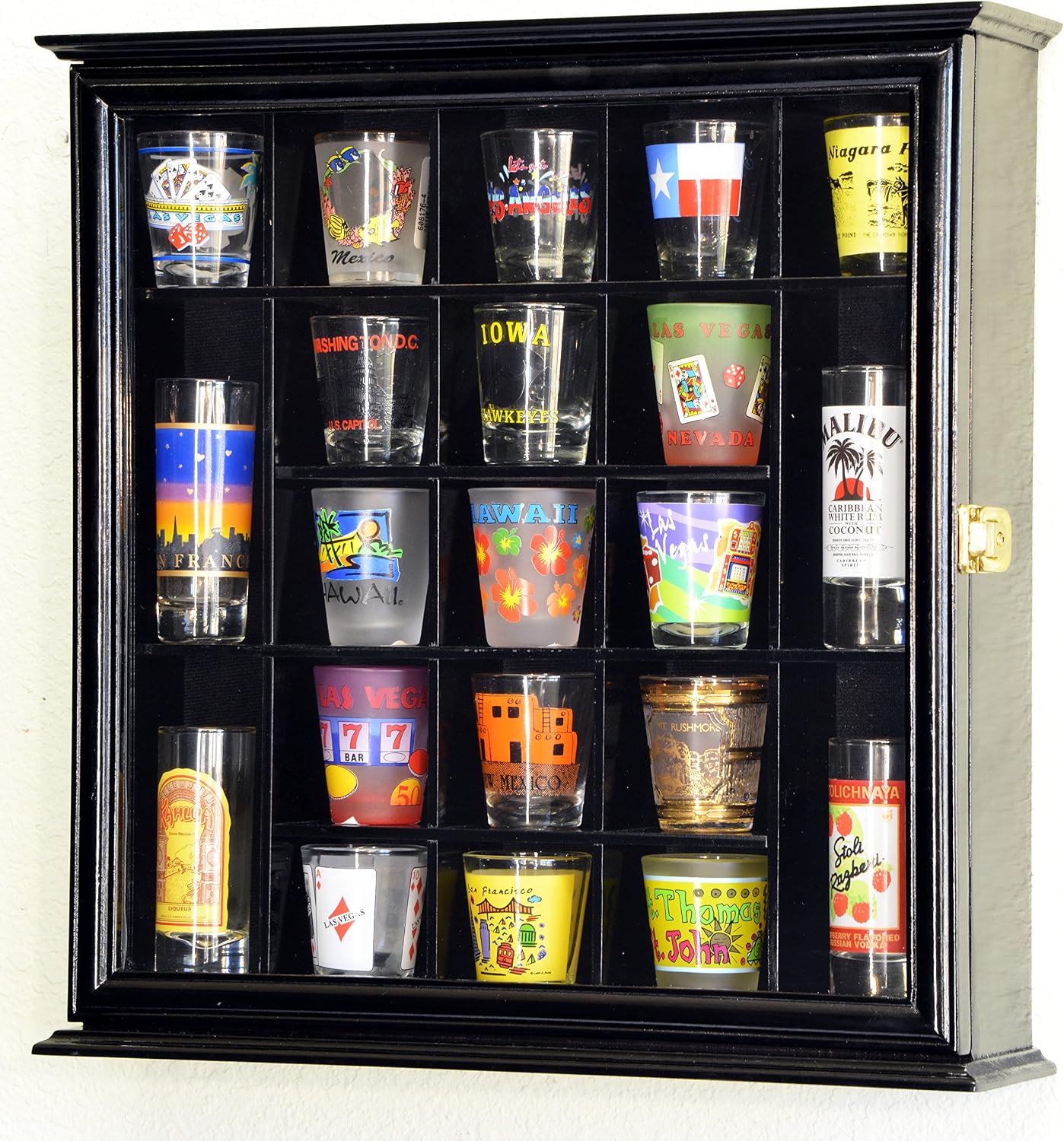 sfDisplay.com,LLC. 21 Shot Glass Shotglass Shooter Display Case Holder Cabinet Wall Rack 98% UV Lockable