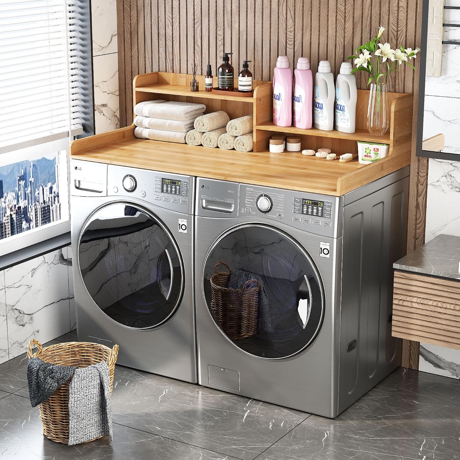 2-Tier Washer and Dryer Countertop w 54' W x 27.5' D Laundry Countertop Cover with Non-Slip Pad,Large Space Laundry Topper for Folding Clothes Over Washer and Dryer (Black)
