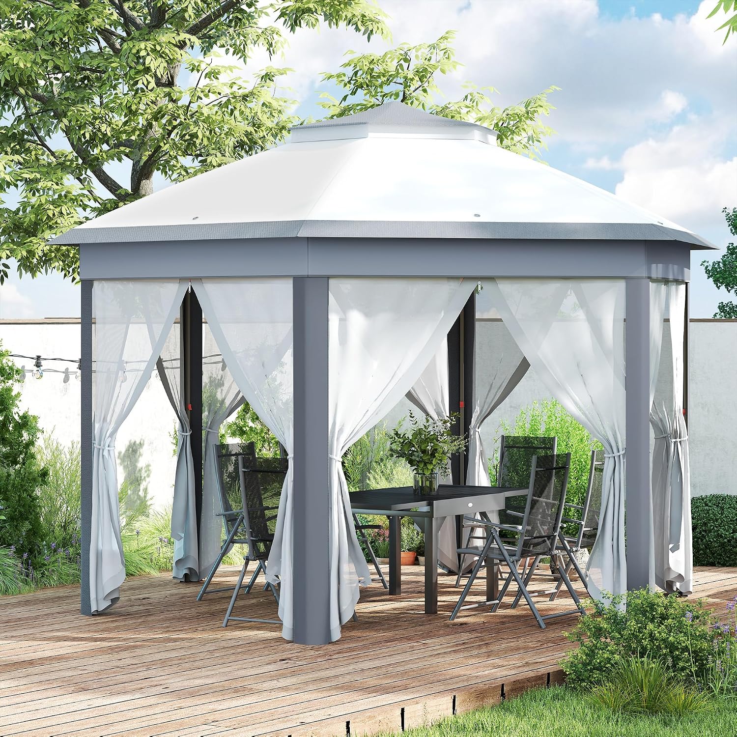 Outsunny 13' x 13' Pop Up Gazebo, Hexagonal Canopy Shelter with 6 Zippered Mesh Netting, Event Tent with Strong Steel Frame for Patio Backyard Garden Wedding Party, Gray