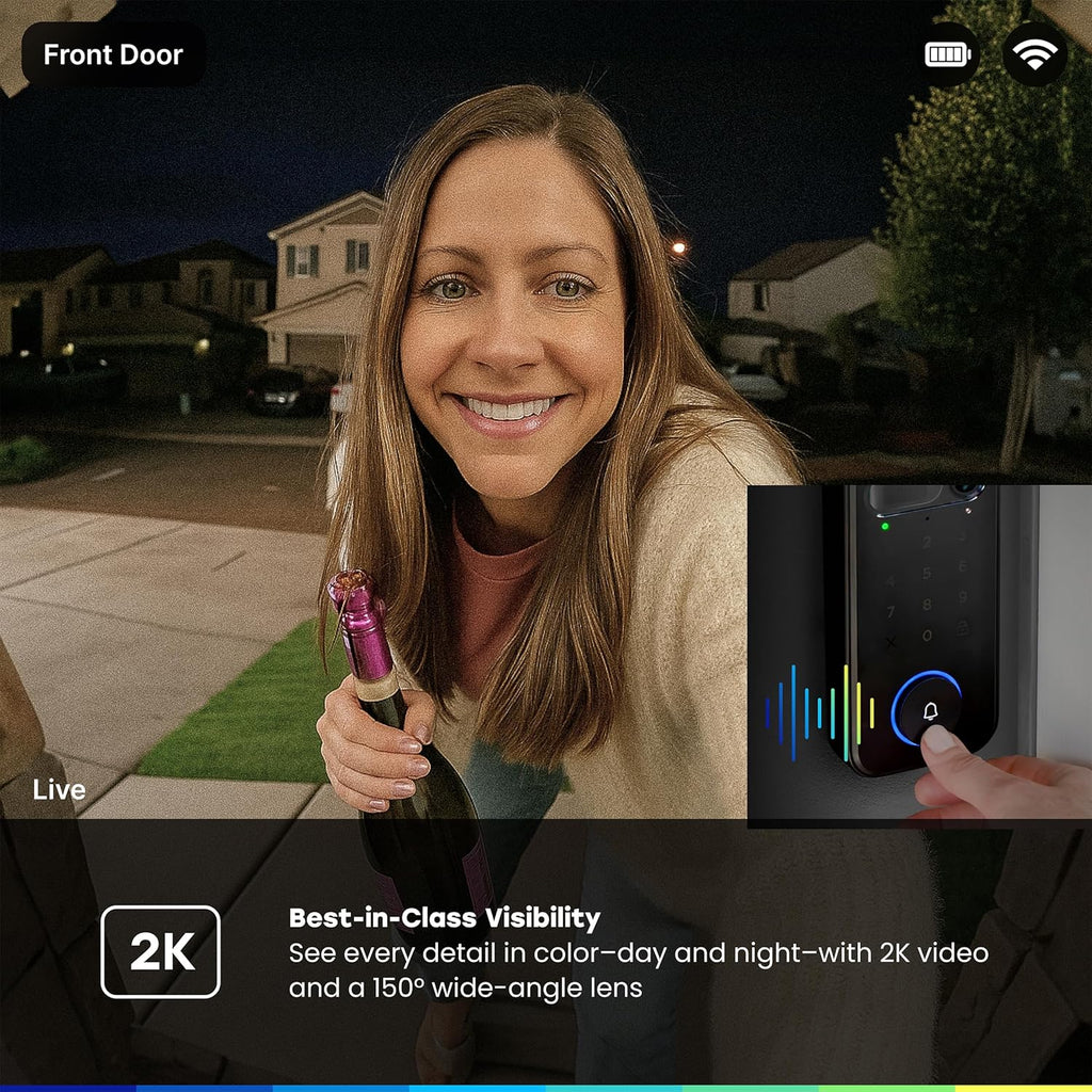 myQ Secure View™ 3-in-1 Smart Lock with 2K HDR Video Doorbell Camera, Face Access, Fingerprint Access, PIN & App Control — Intelligent Entry with Built-in Camera, Color Night Vision & Two-Way Audio