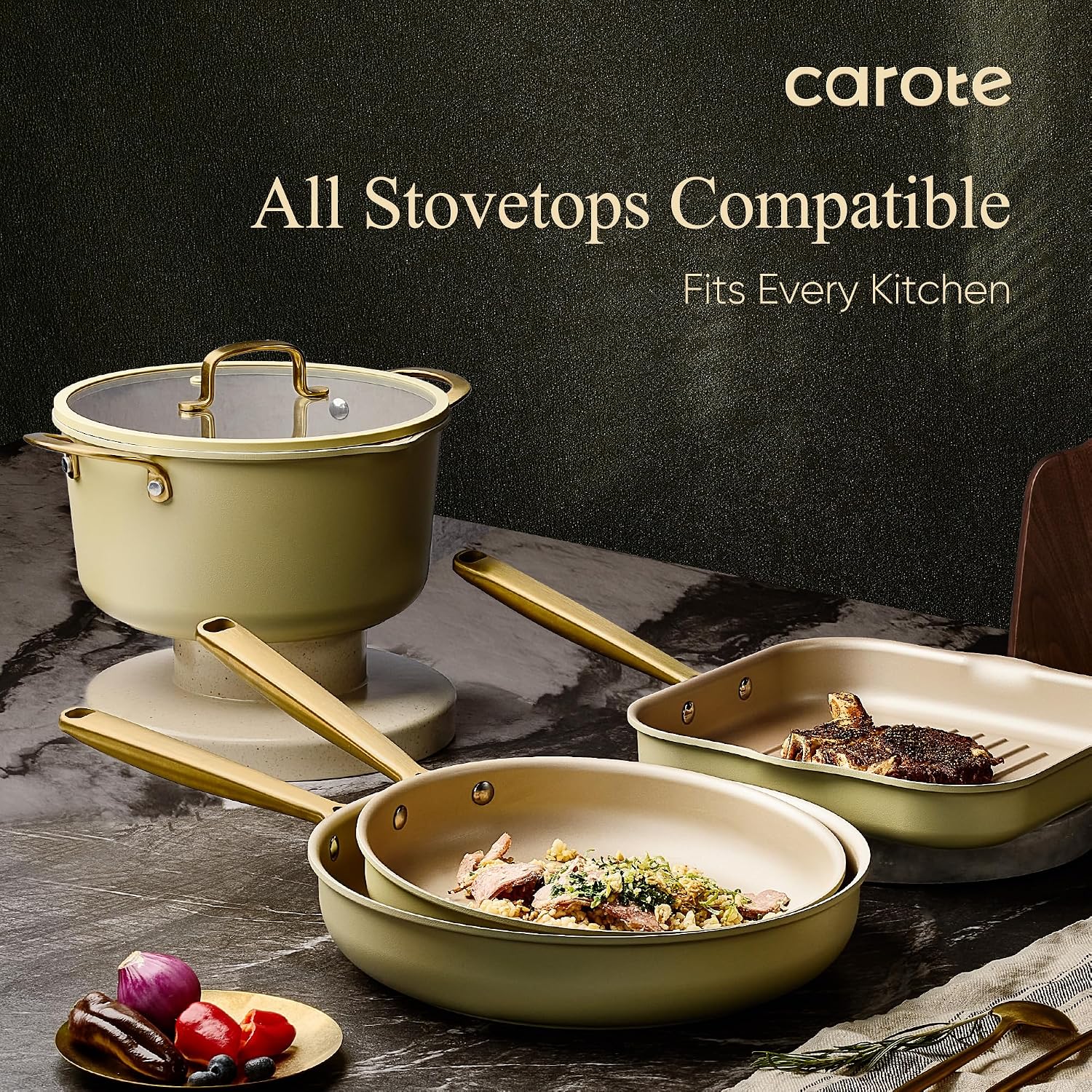 CAROTE 19Pcs Pots and Pans Set, Non Stick Induction Cookware Sets with Durable Cast Steel Handle, Oven-Safe Pots and Pans with Cooking Utensils, PFOS/PFOA Free, Dishwasher Safe, Aluminum