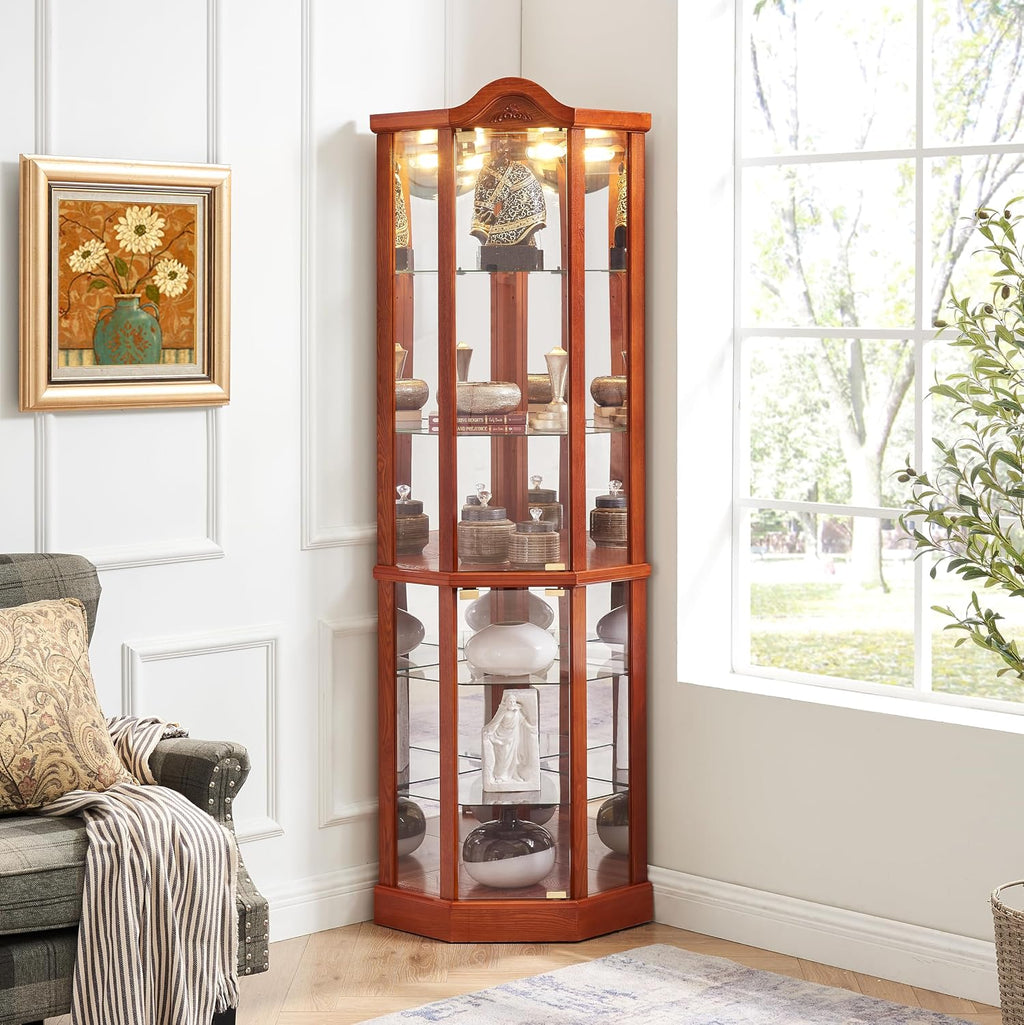 Ball & Cast 72' H Lighted Corner Curio Cabinet with Curved Top Carving,Glass Display Cabinet with 6 Tempered Adjustable Glass Shelves and Doors,Light Bulb Included, Rack for Liquor Storage,Oak