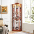 Ball & Cast 72' H Lighted Corner Curio Cabinet with Curved Top Carving,Glass Display Cabinet with 6 Tempered Adjustable Glass Shelves and Doors,Light Bulb Included, Rack for Liquor Storage,Oak