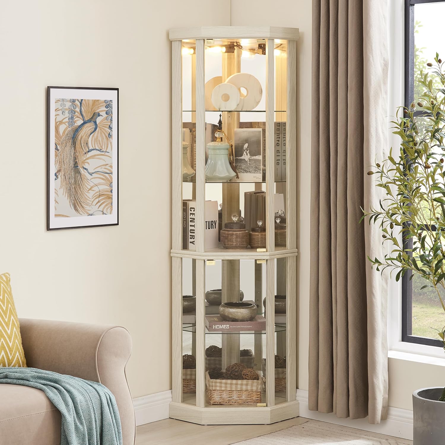 Ball & Cast 70' H Lighted Corner Curio Cabinet, Glass Display Cabinet with 5 Tempered Adjustable Glass Shelves and Doors,Include Light Bulb, Rack for Living Room,Antique White