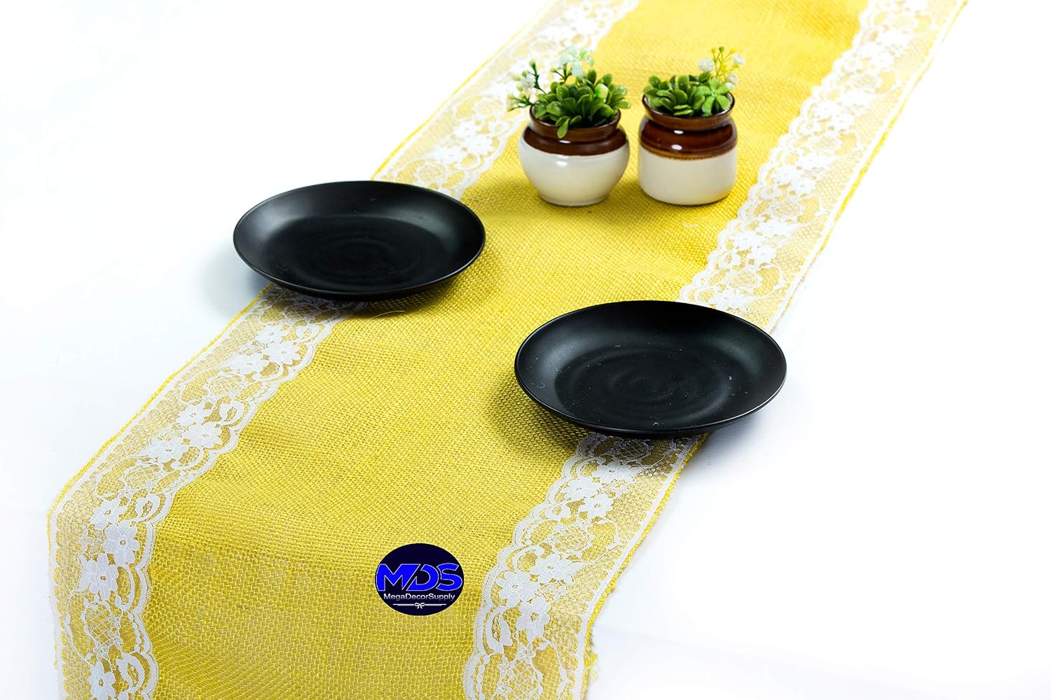 MDS Pack of 20 Wedding 12 x 108 inch Burlap Lace Hessian Table Runner Rustic Yellow Jute Country Vintage for Wedding Banquet Decoration – Yellow Lace Jute Burlap