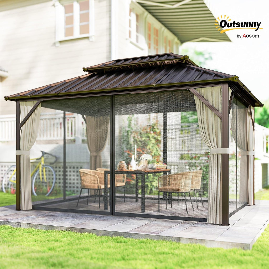 Outsunny 10' x 14' Hardtop Gazebo with UPF50+ Double Galvanized Steel Roof Canopy, Aluminum Frame Permanent Outdoor Gazebo with Curtains and Netting, Ceiling Hooks, Brown