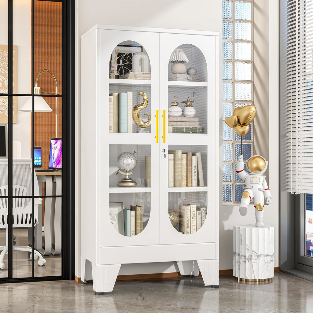 47'H Metal Display Cabinet with Glass Door and Lock, Tall Storage Cabinet with 3 Adjustable Shelves, 4 Tier Liquor Cabinet Metal Curio Cabinet Multi-Purpose Display Case for Collectibles Living Room