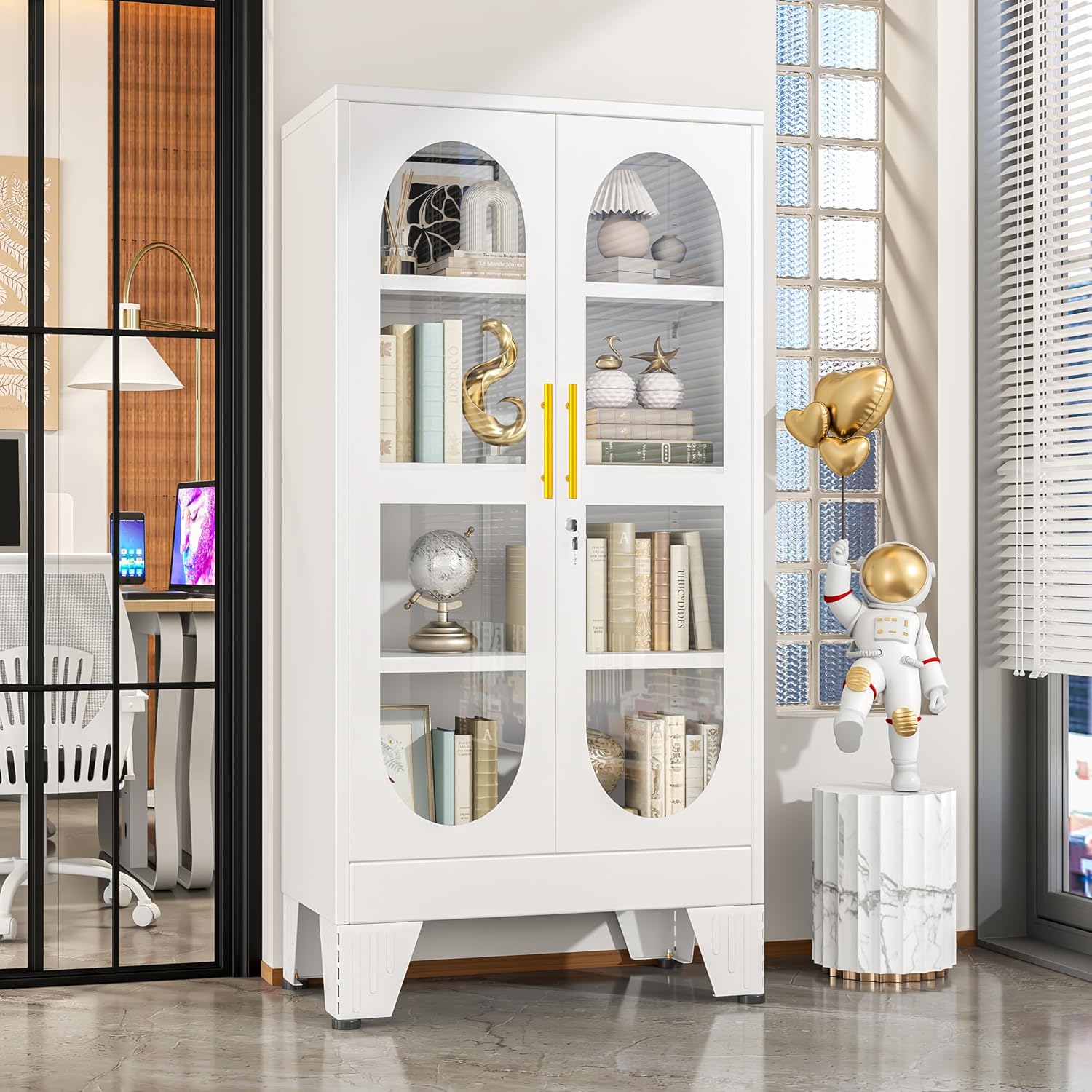 47'H Metal Display Cabinet with Glass Door and Lock, Tall Storage Cabinet with 3 Adjustable Shelves, 4 Tier Liquor Cabinet Metal Curio Cabinet Multi-Purpose Display Case for Collectibles Living Room