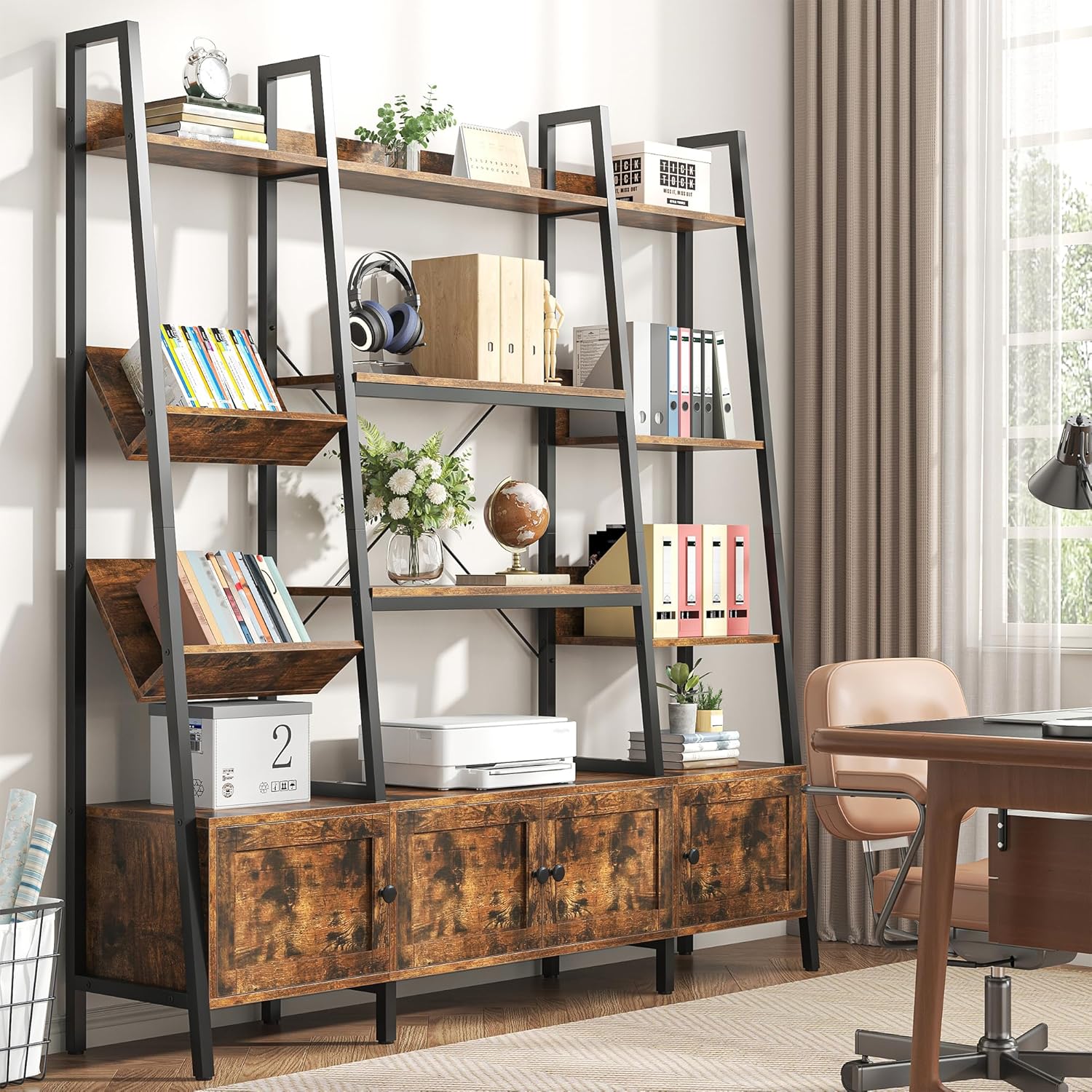 Nosepen Ladder Bookshelf with 4 Doors, 4 Tier Triple Width Large Open Storage Shelving, Industrial Style Capacity Home Office Bookcase with Adjustable Shelves, Display Cabinet Brown