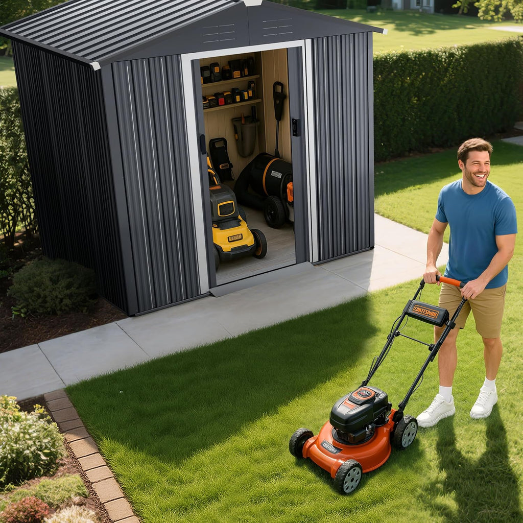 Nuu Garden 6 x 4 FT Garden Storage Shed with Sliding Doors, Galvanized Sheet Tool Shed with Sloping Roof, Anti-Corrosion Garden Shed with Air Vents for Backyard Patio Lawn, Black