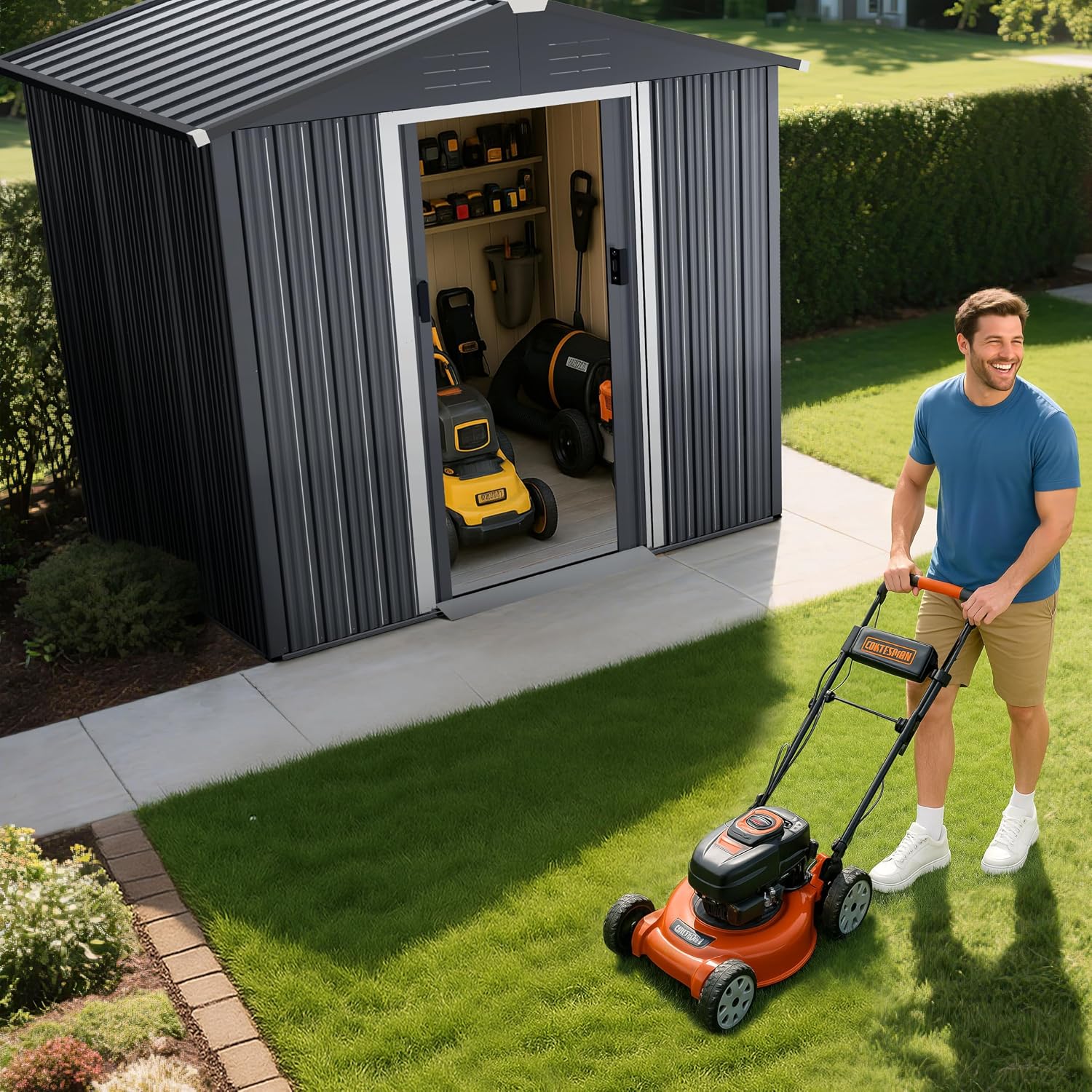 Nuu Garden 6 x 4 FT Garden Storage Shed with Sliding Doors, Galvanized Sheet Tool Shed with Sloping Roof, Anti-Corrosion Garden Shed with Air Vents for Backyard Patio Lawn, Black