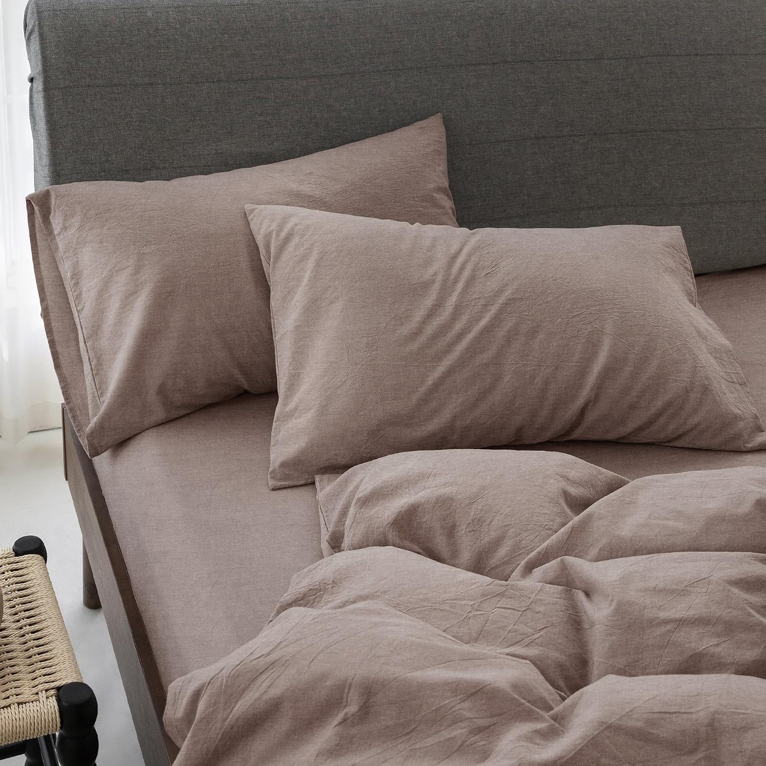 Super King Plus Cooling Duvet Cover Set - 3 Pieces 100% Cotton Bedding, Breathable, Crisp Linen-Like Texture, Naturally Soft & Gets Better，Hidden Zipper & Corner Ties – Mauve Brown, 120'x120'