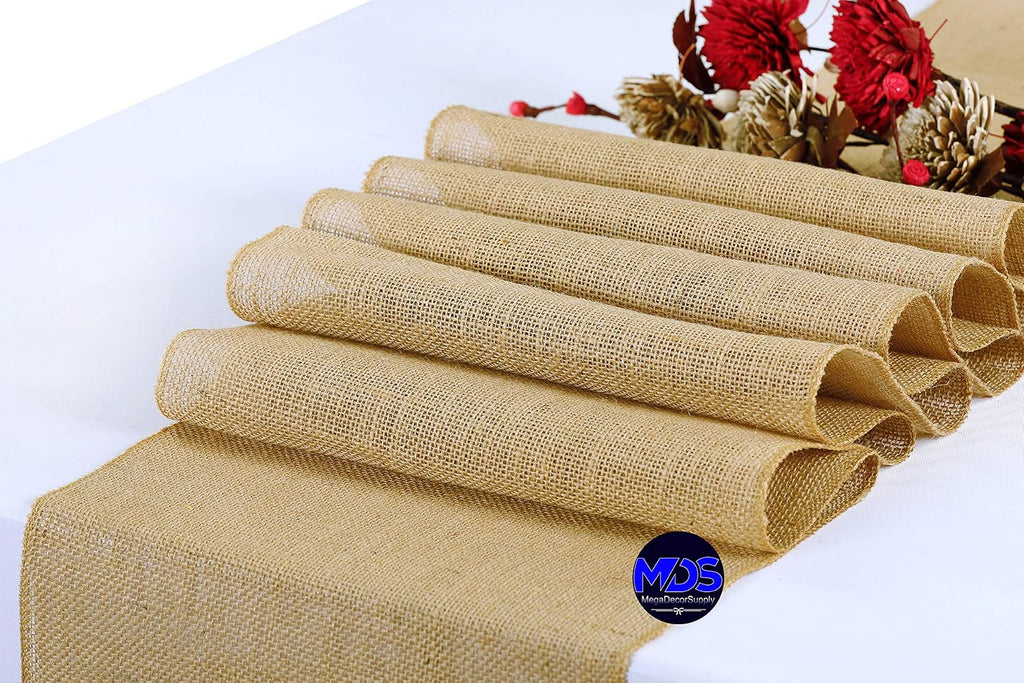 MDS 50 Pack Wedding Natural Burlap Table Runners 12 x 72 Inch Rustic Farmhouse Jute Country Vintage Runner for Wedding and Home Decor, Table Decorations, Party, BBQ's & Outdoor Tables- Natural