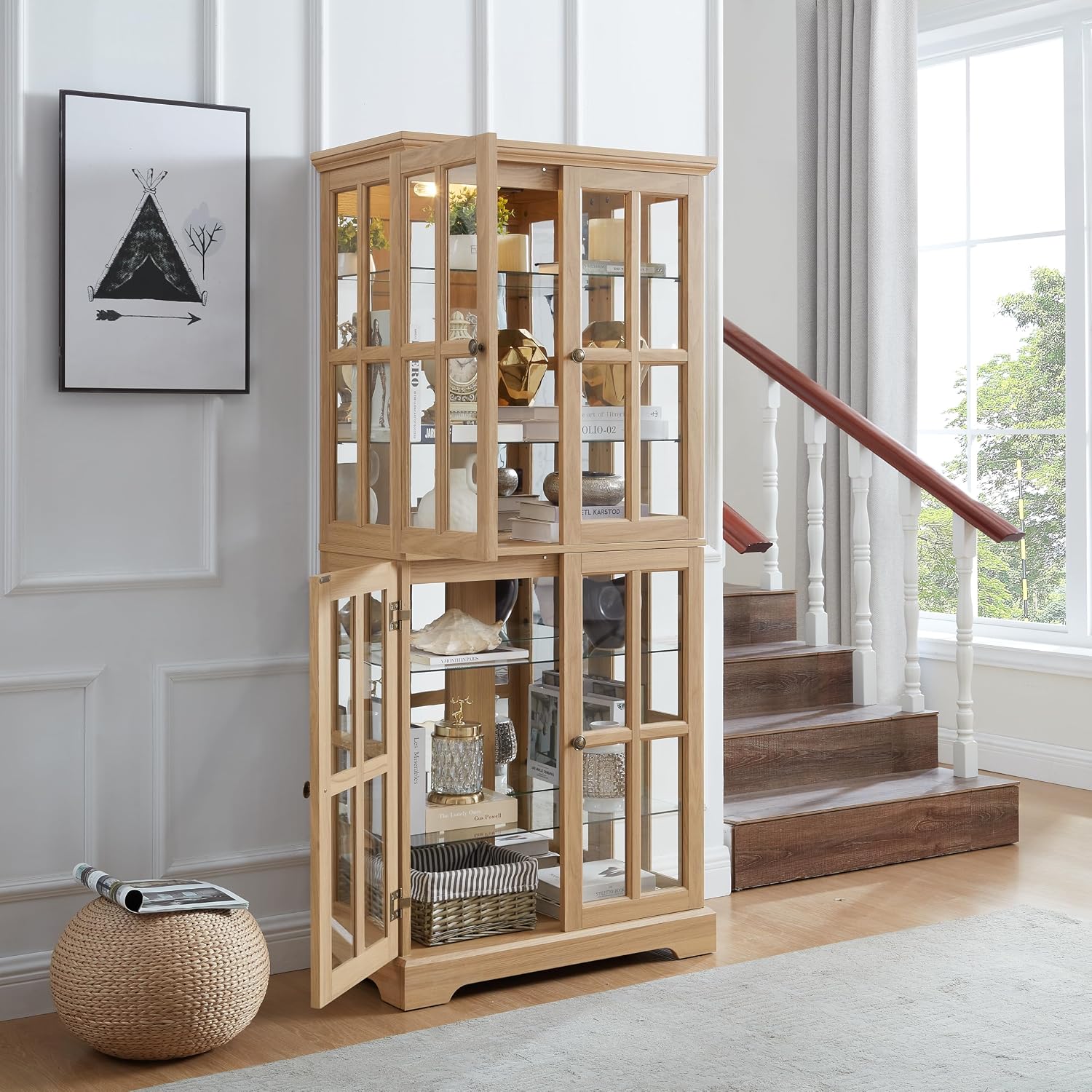 KEIKI Curio Display Cabinet, 68.7' H Lighted Glass Display Cabinet, w/ 4 Glass Doors & Adjustable Shelves, Vintage Showcase with E26 Bulb for Home or Office, Oak