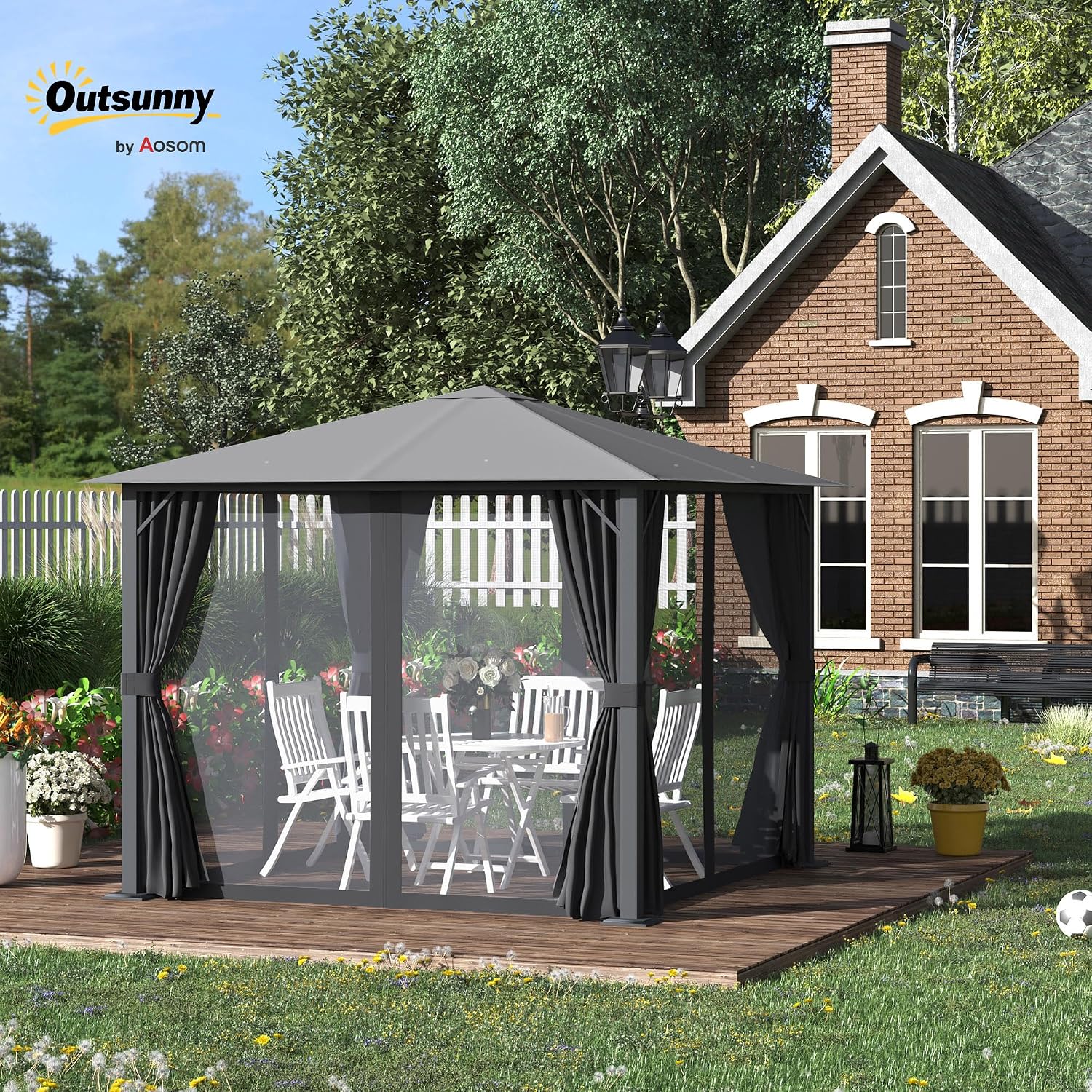 Outsunny 10' x 10' Patio Gazebo, Outdoor Gazebo Canopy Shelter with Netting & Curtains, Vented Roof, for Garden, Lawn, Backyard and Deck, Black