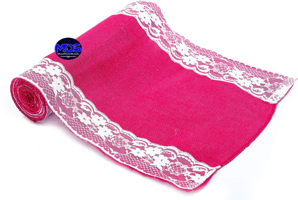 MDS Pack of 15 Wedding 12 x 108 inch Burlap Lace Hessian Table Runner Rustic Magenta Jute Country Vintage for Wedding Banquet Decoration – Magenta Lace Jute Burlap