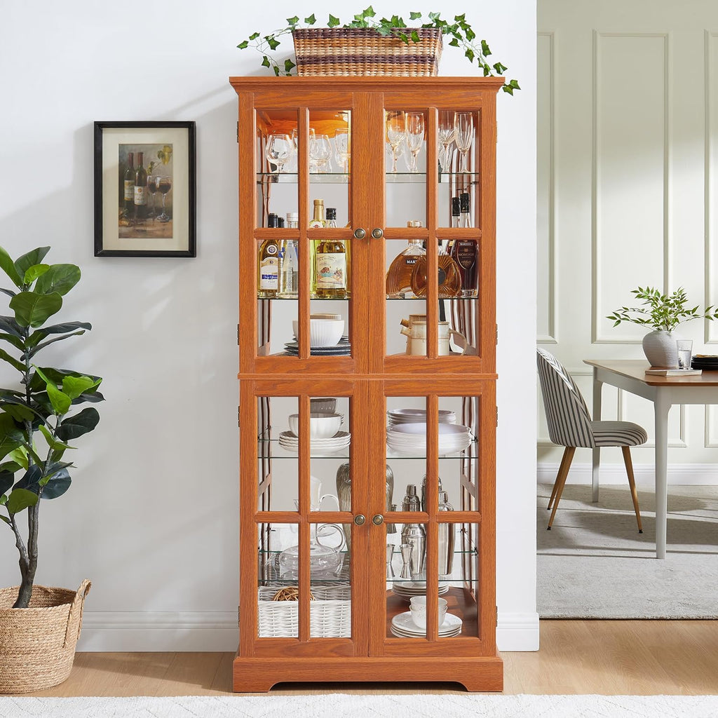 KEIKI Floor Standing Glass Display Cabinet with Light Strip, Retro Curio Cabinet with Tempered Glass Doors, Adjustable Shelves, Antique Design, E26 Bulb Included, Dark Oak