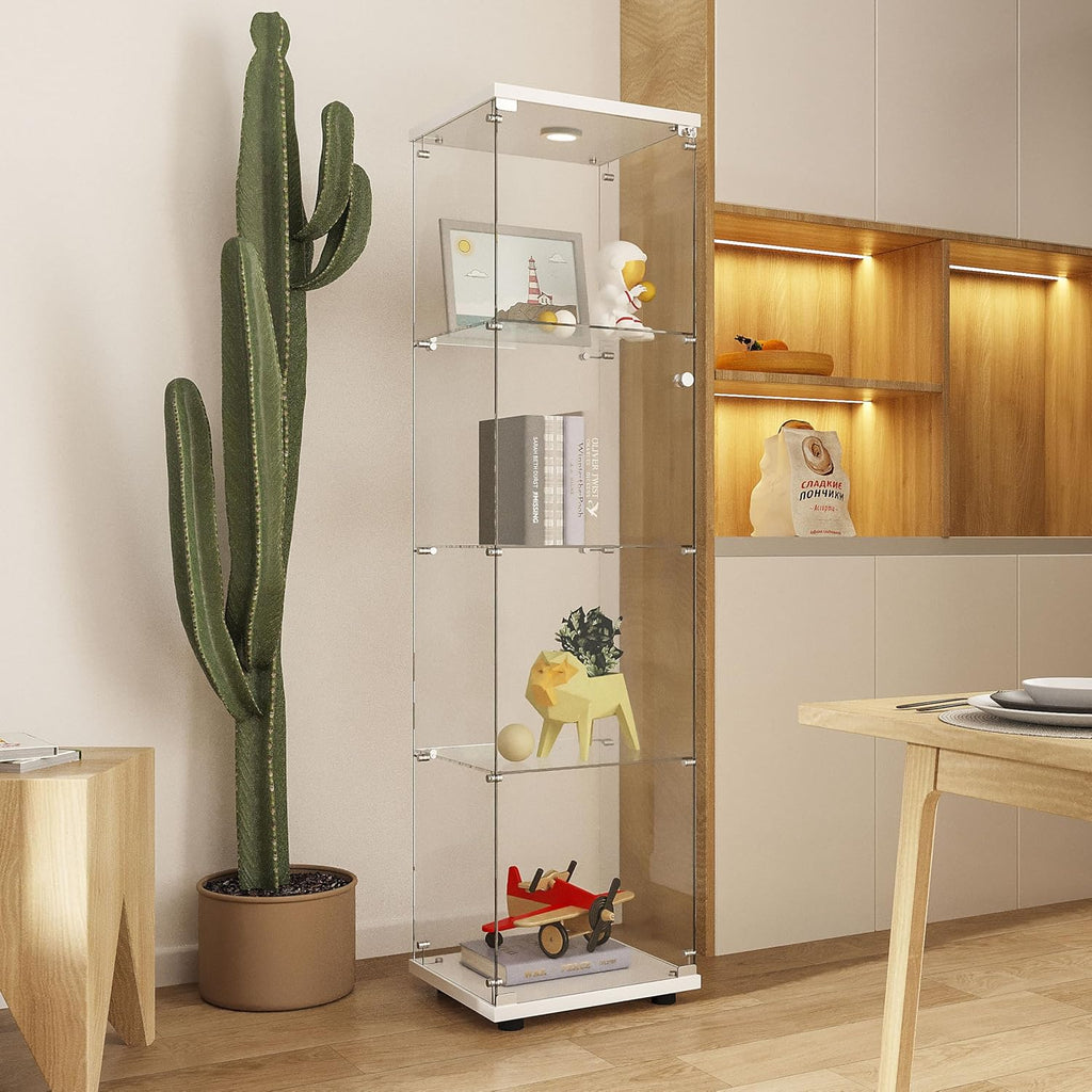 64.69' Tall Tempered Glass Display Cabinet with LED Lights, Curio Cabinet with 4 Shelves with 1 Door, Quick-Install Style Floor Standing Bookshelf File Cabinet for Living Room Office