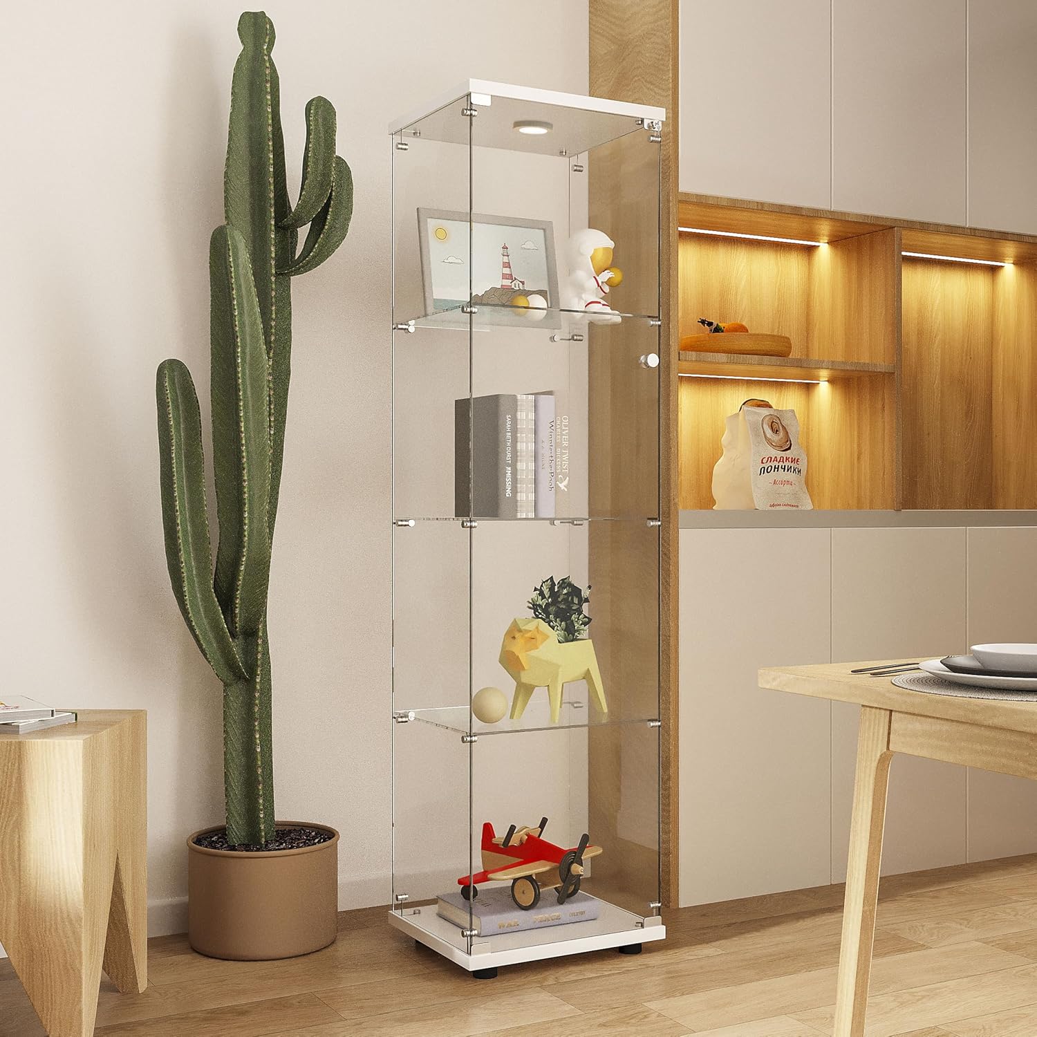64.69' Tall Tempered Glass Display Cabinet with LED Lights, Curio Cabinet with 4 Shelves with 1 Door, Quick-Install Style Floor Standing Bookshelf File Cabinet for Living Room Office