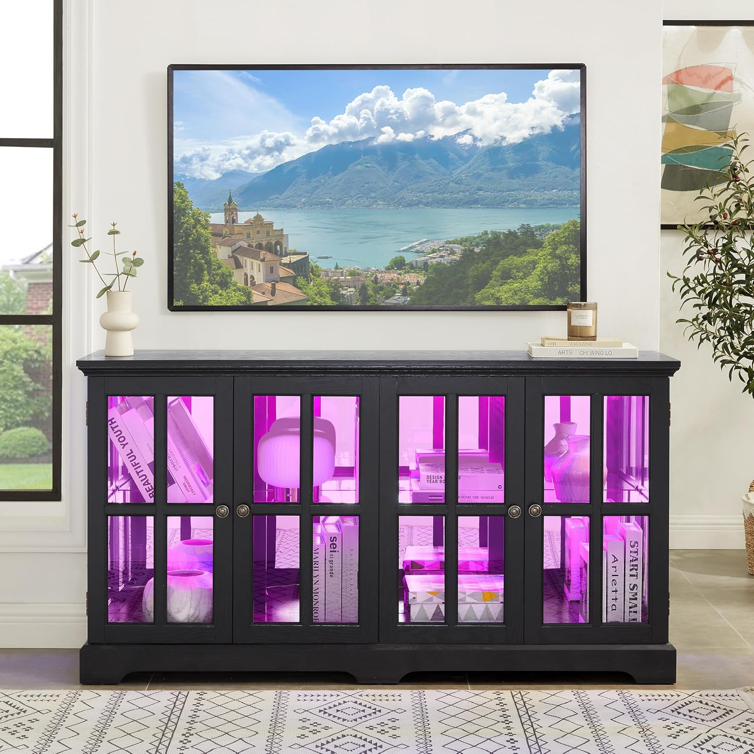 KEIKI Antique Glass Display Cabinet with LED Light Strip, Adjustable Shelves, Curio Cabinet with Tempered Glass Doors, Retro 4-Door Design for Home or Office, Black