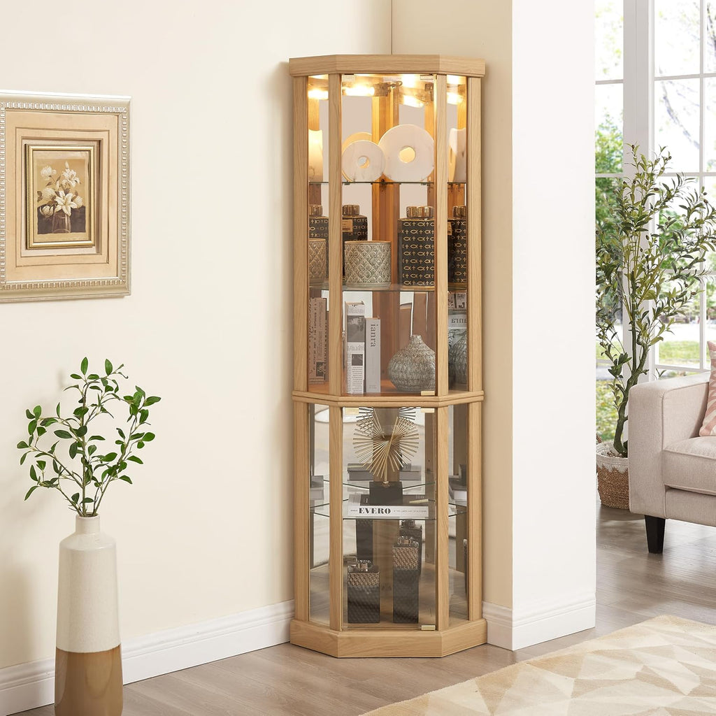 Ball & Cast 70' H Lighted Corner Curio Cabinet, Glass Display Cabinet with 5 Tempered Adjustable Glass Shelves and Doors,Include Light Bulb, Rack for Living Room,Light Oak