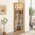 Ball & Cast 70' H Lighted Corner Curio Cabinet, Glass Display Cabinet with 5 Tempered Adjustable Glass Shelves and Doors,Include Light Bulb, Rack for Living Room,Light Oak