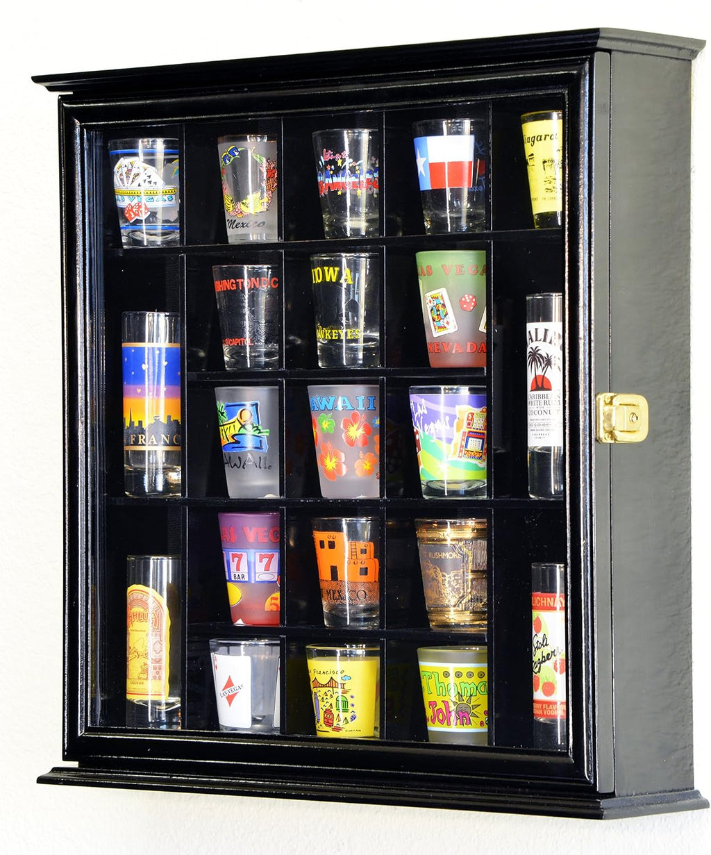 sfDisplay.com,LLC. 21 Shot Glass Shotglass Shooter Display Case Holder Cabinet Wall Rack 98% UV Lockable