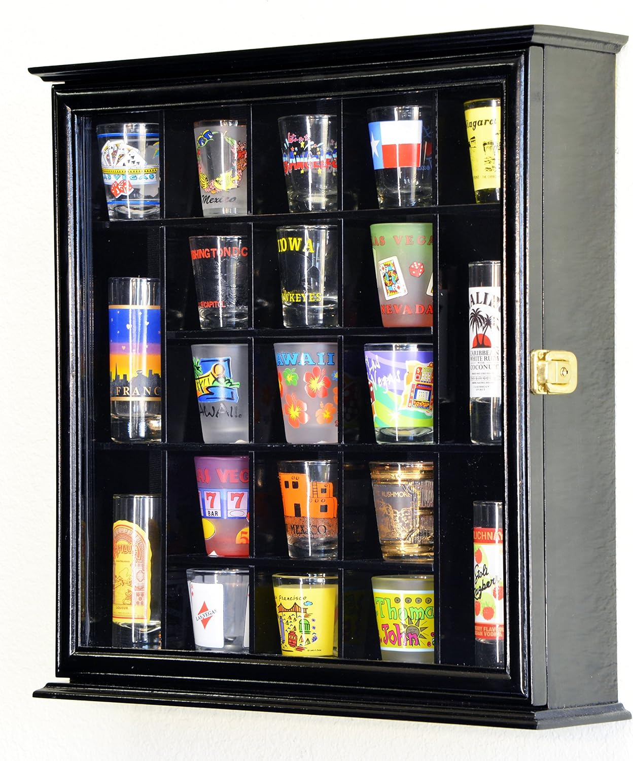 sfDisplay.com,LLC. 21 Shot Glass Shotglass Shooter Display Case Holder Cabinet Wall Rack 98% UV Lockable