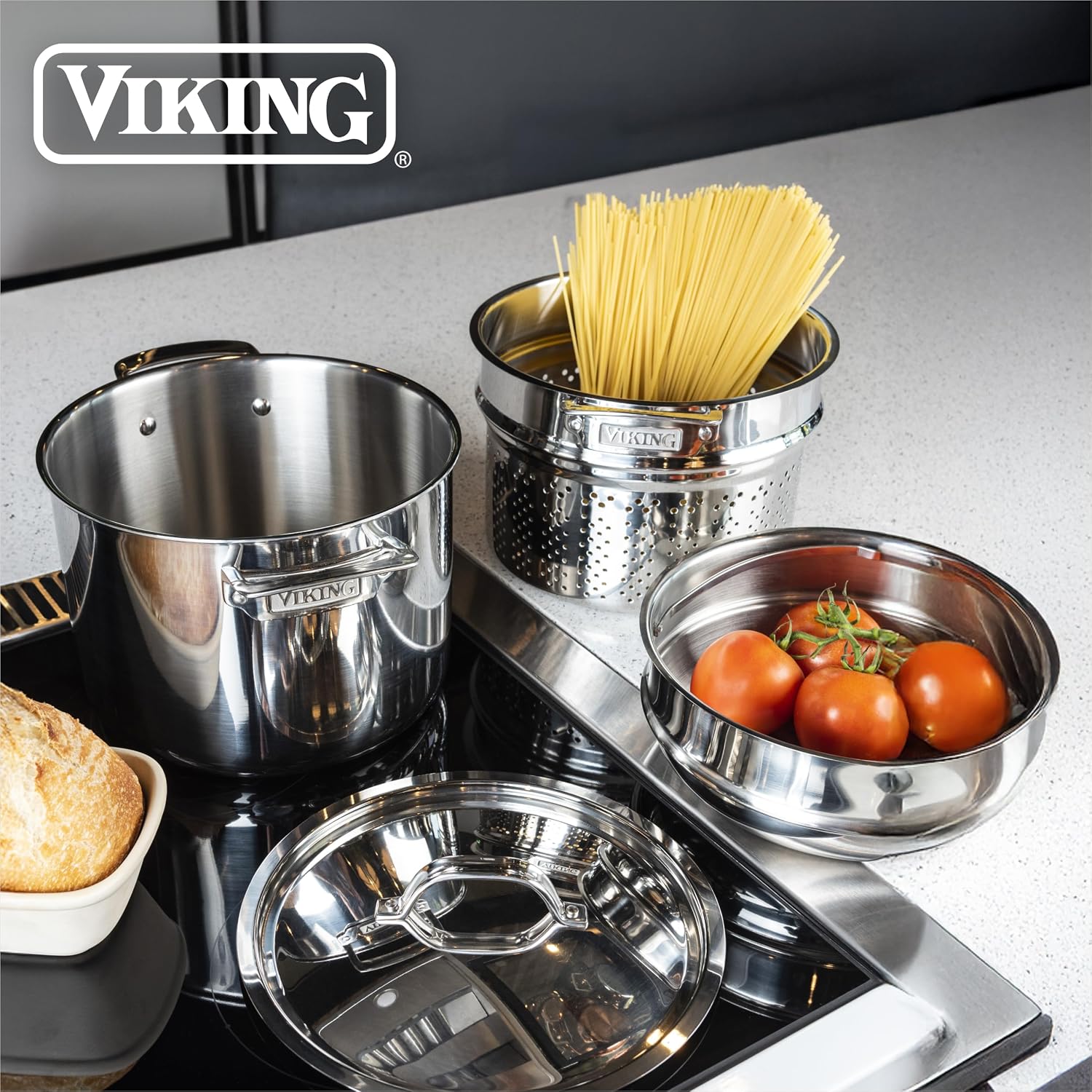 Viking 3-Ply Stainless Steel Pasta Pot with Lid, 8 Quart, 4 Piece Multipot Kitchen Cookware, Includes Pasta Insert and Steamer Basket, Dishwasher and Oven Safe, Induction Ready, Silver