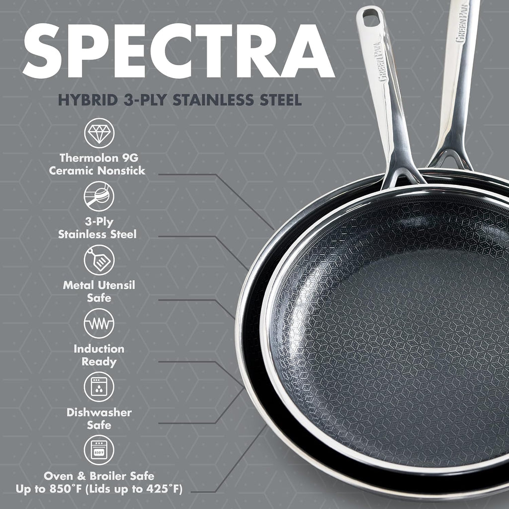 GreenPan Spectra 10 Piece Cookware Set,Hybrid Tri-Ply Stainless Steel, PFAS-Free Ceramic Nonstick Textured Cooking Surface,Induction Pots & Pans with Lids, Dishwasher Safe,Oven & Broiler Temp to 850˚F