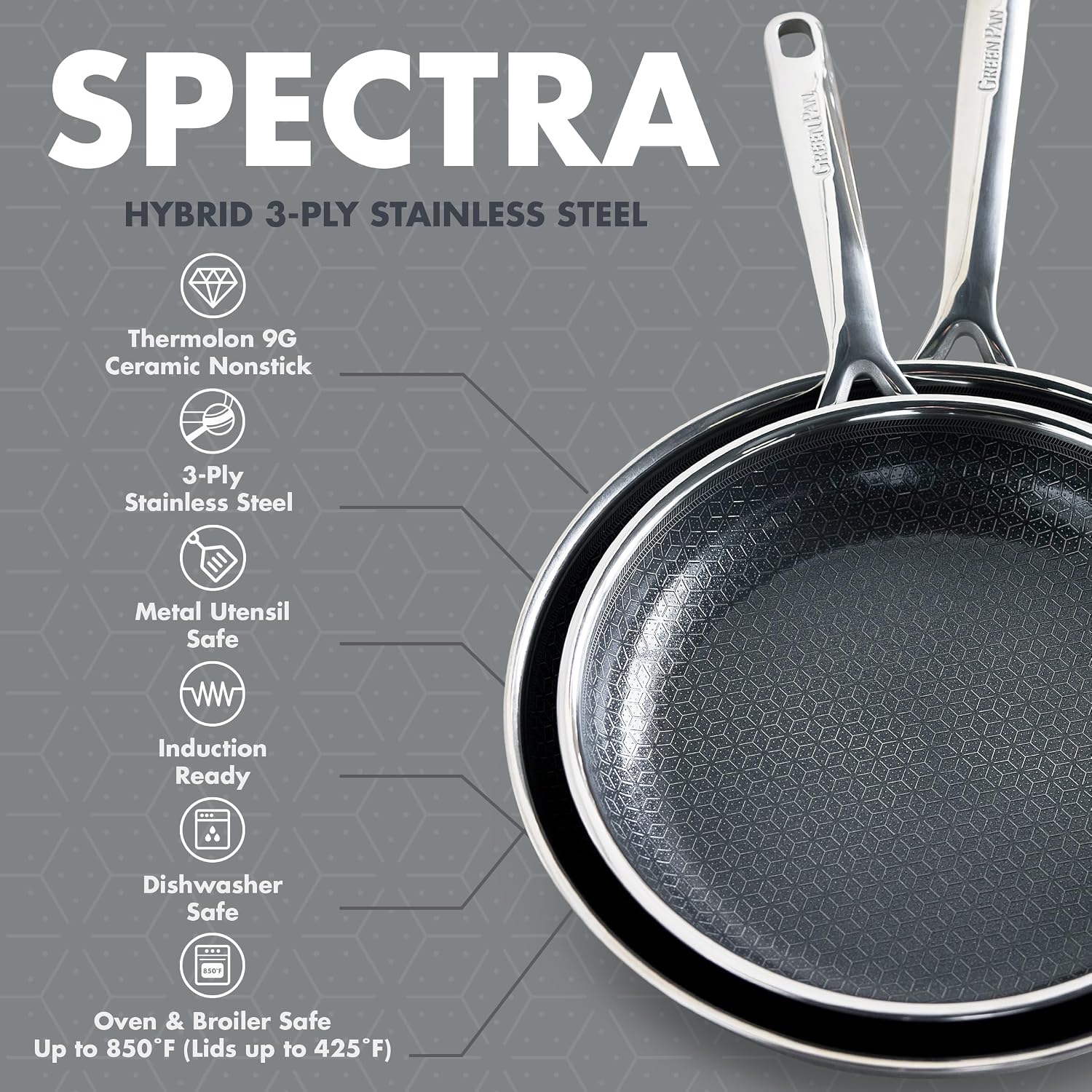 GreenPan Spectra 10 Piece Cookware Set,Hybrid Tri-Ply Stainless Steel, PFAS-Free Ceramic Nonstick Textured Cooking Surface,Induction Pots & Pans with Lids, Dishwasher Safe,Oven & Broiler Temp to 850˚F