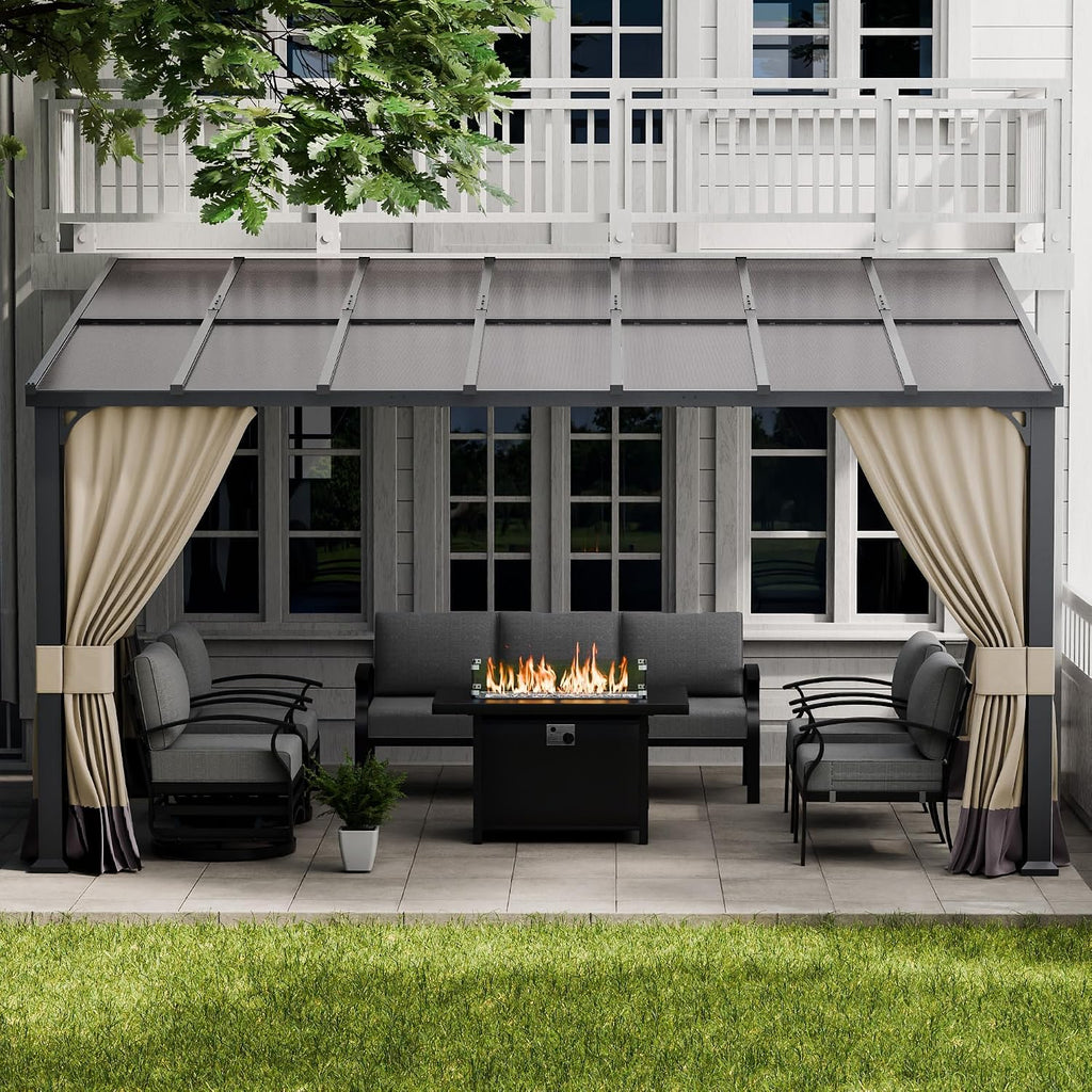 ALAULM 10'x 14' Outdoor Hardtop Pergola,Wall Mounted Lean to Gazebo with Curtains and Netting,Galvanized Metal Frame,Sunshade for Patio, Backyard, Deck and Lawns-Sand