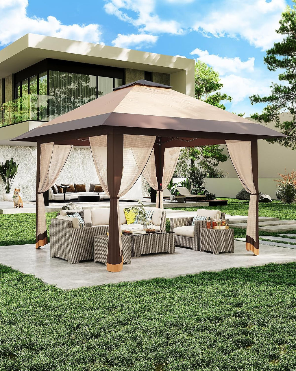 13x13FT Pop-Up Gazebo Canopy Tent - Double Roof, Mosquito Netting, Adjustable Height, UV-Resistant, Heavy Duty, Waterproof, Portable for Patio, Garden, Camping, Party - Khaki + Light Khaki