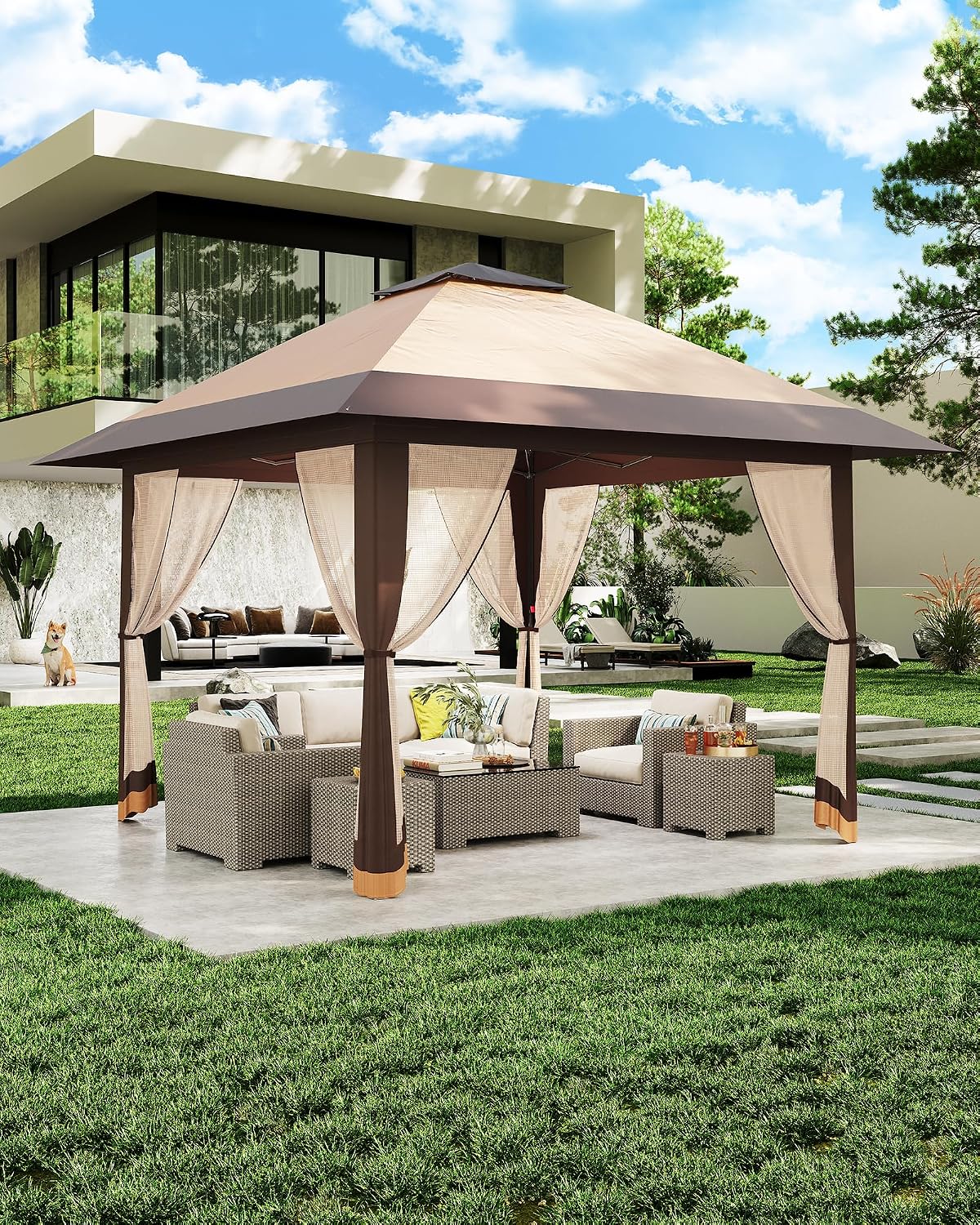 13x13FT Pop-Up Gazebo Canopy Tent - Double Roof, Mosquito Netting, Adjustable Height, UV-Resistant, Heavy Duty, Waterproof, Portable for Patio, Garden, Camping, Party - Khaki + Light Khaki