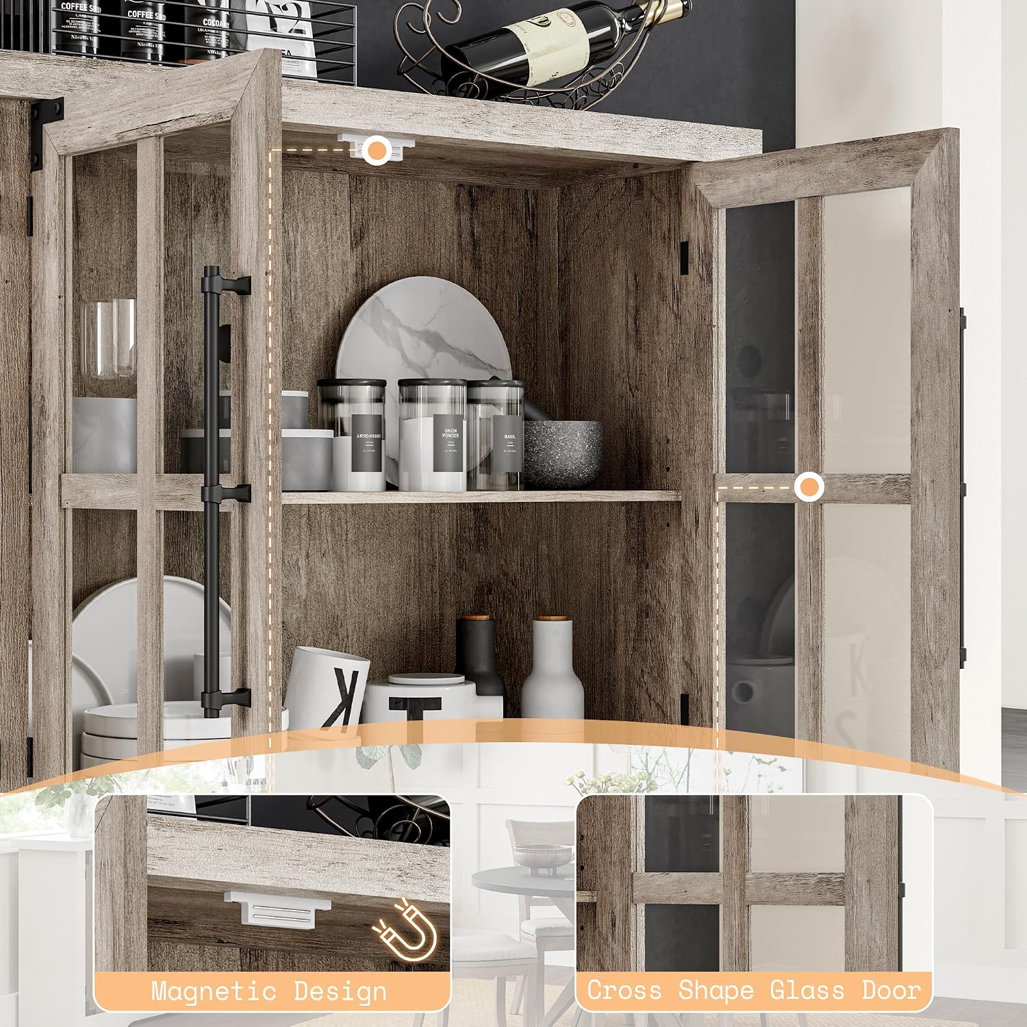 AMERLIFE Farmhouse 63' Buffet Sideboard Cabinet with Glass Door, Large Storage Cabinet with Adjustable Shelf, Wooden Coffee Bar Station for Kitchen, Dinning Room, Rustic Grey